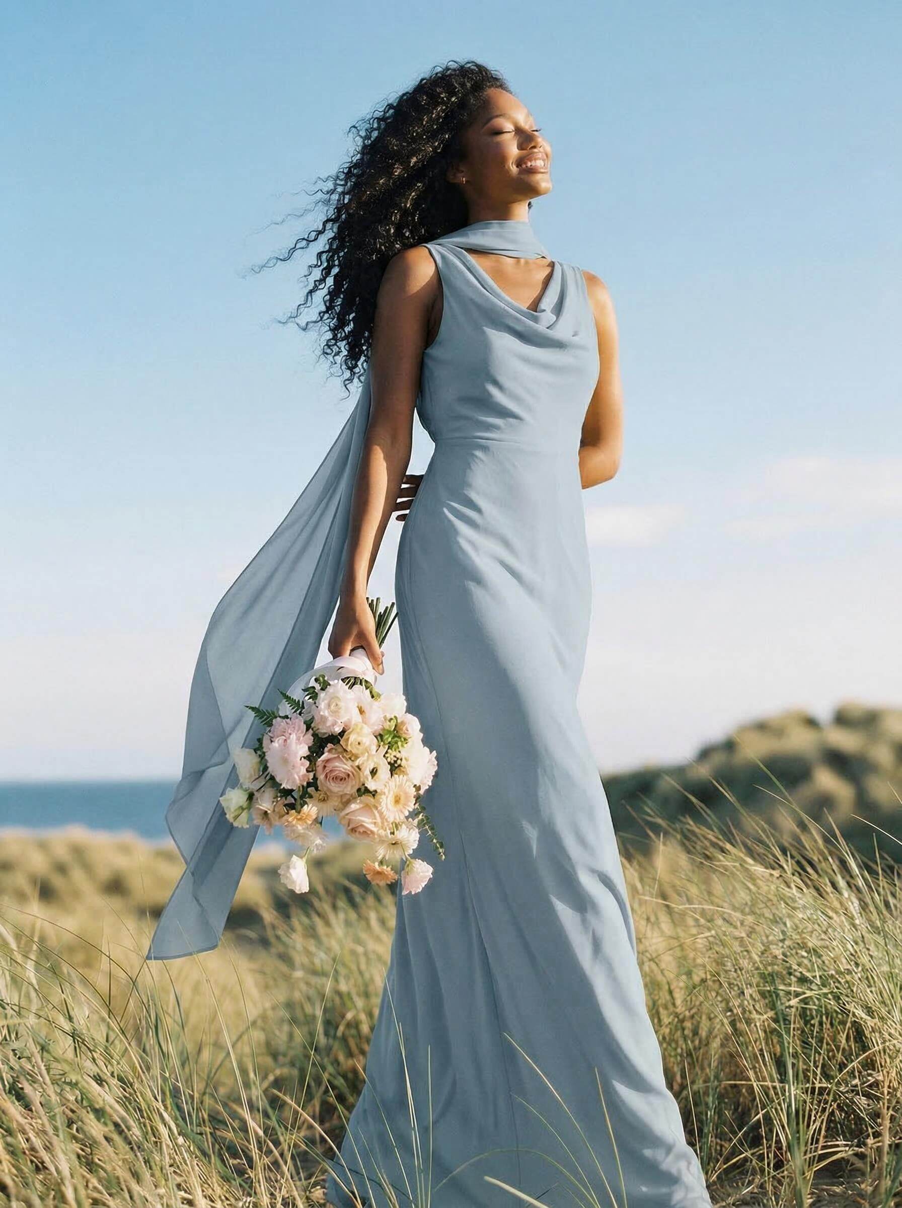 Elegant Sheath/Column Cowl Neck Sleeveless Floor-Length Chiffon Bridesmaid Dresses, product image 22