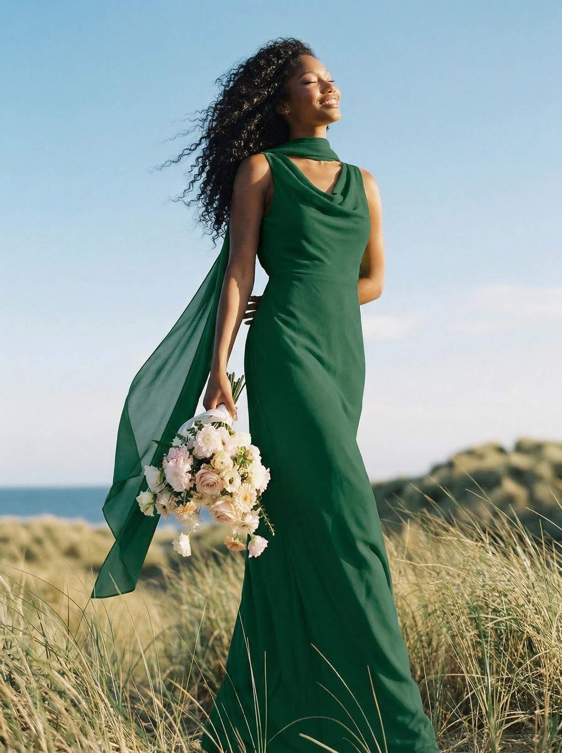 Elegant Sheath/Column Cowl Neck Sleeveless Floor-Length Chiffon Bridesmaid Dresses, product image 24