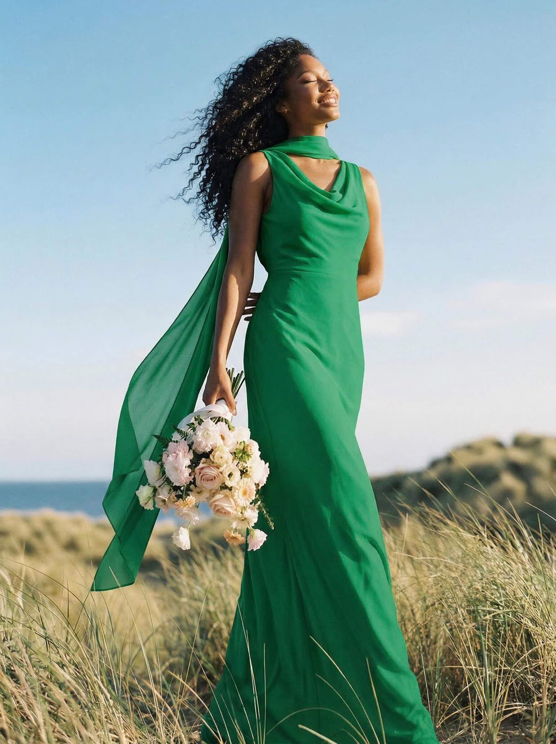 Elegant Sheath/Column Cowl Neck Sleeveless Floor-Length Chiffon Bridesmaid Dresses, product image 25
