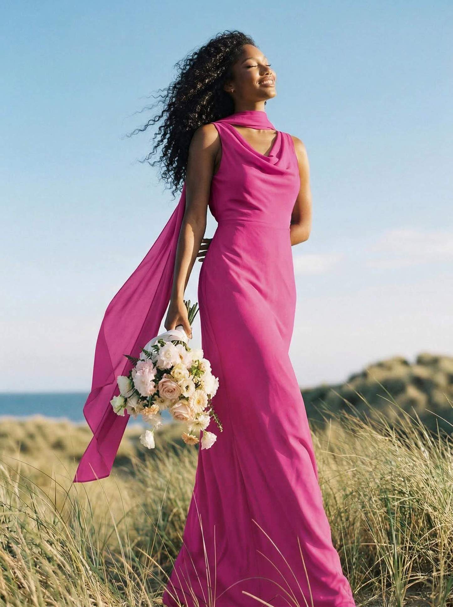 Elegant Sheath/Column Cowl Neck Sleeveless Floor-Length Chiffon Bridesmaid Dresses, product image 26