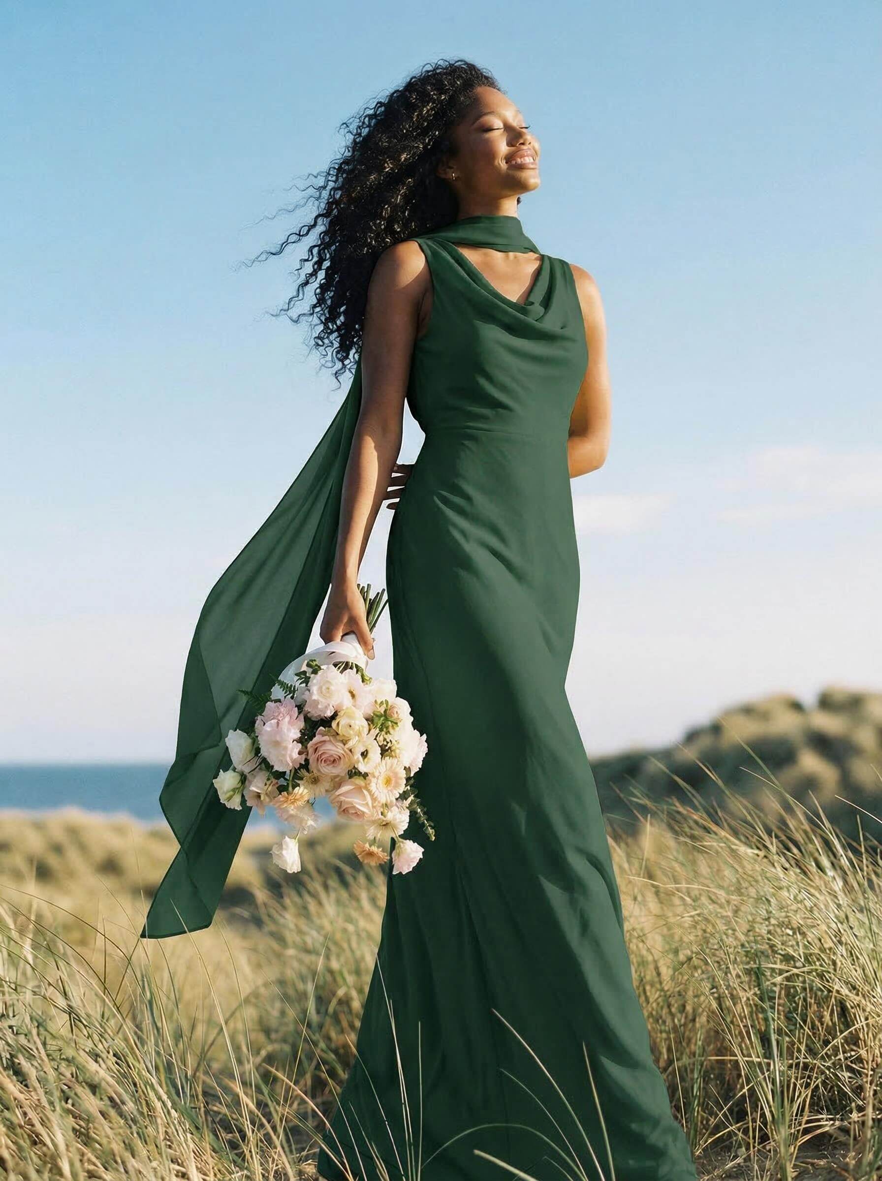 Elegant Sheath/Column Cowl Neck Sleeveless Floor-Length Chiffon Bridesmaid Dresses, product image 29