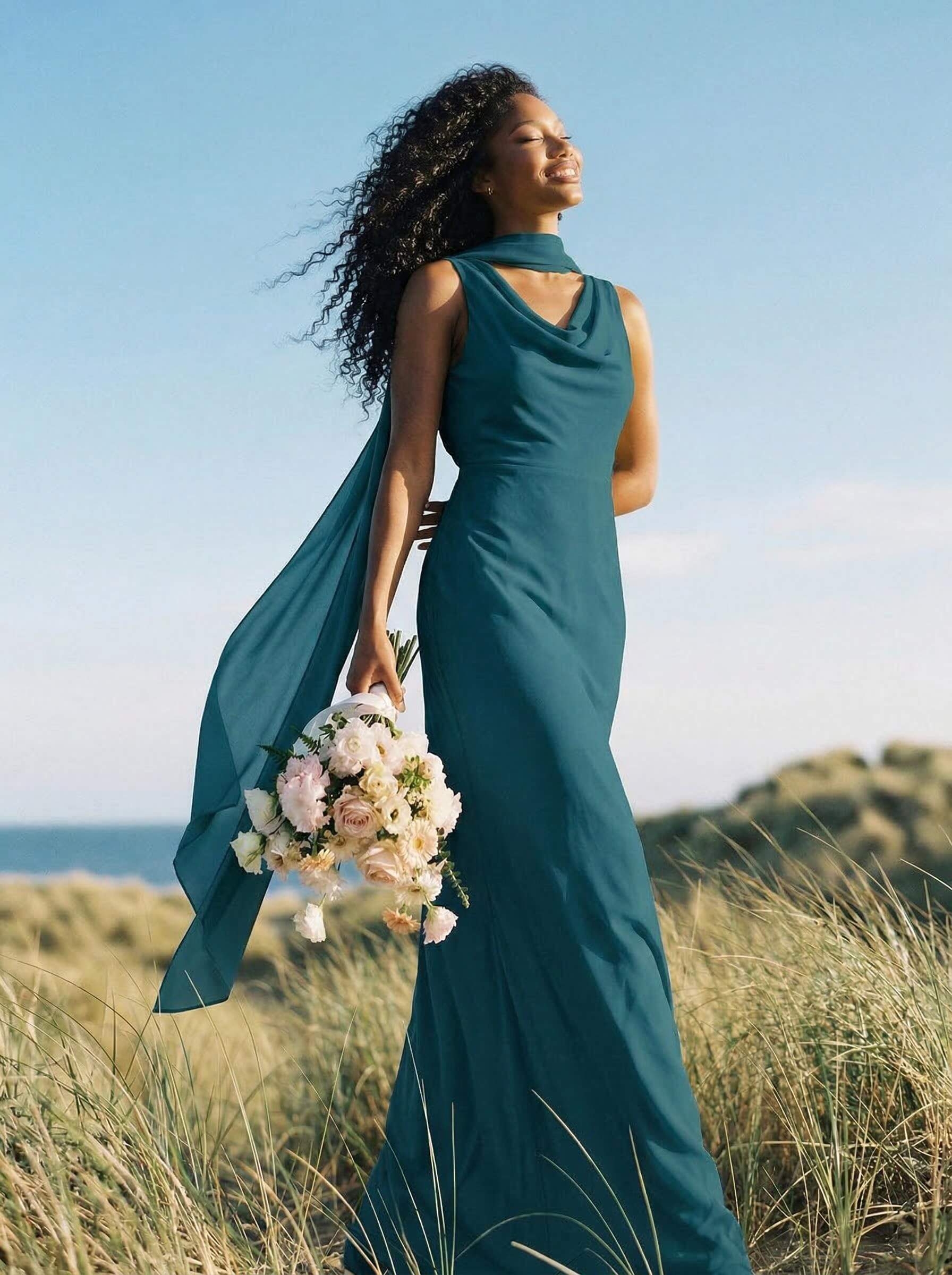 Elegant Sheath/Column Cowl Neck Sleeveless Floor-Length Chiffon Bridesmaid Dresses, product image 30