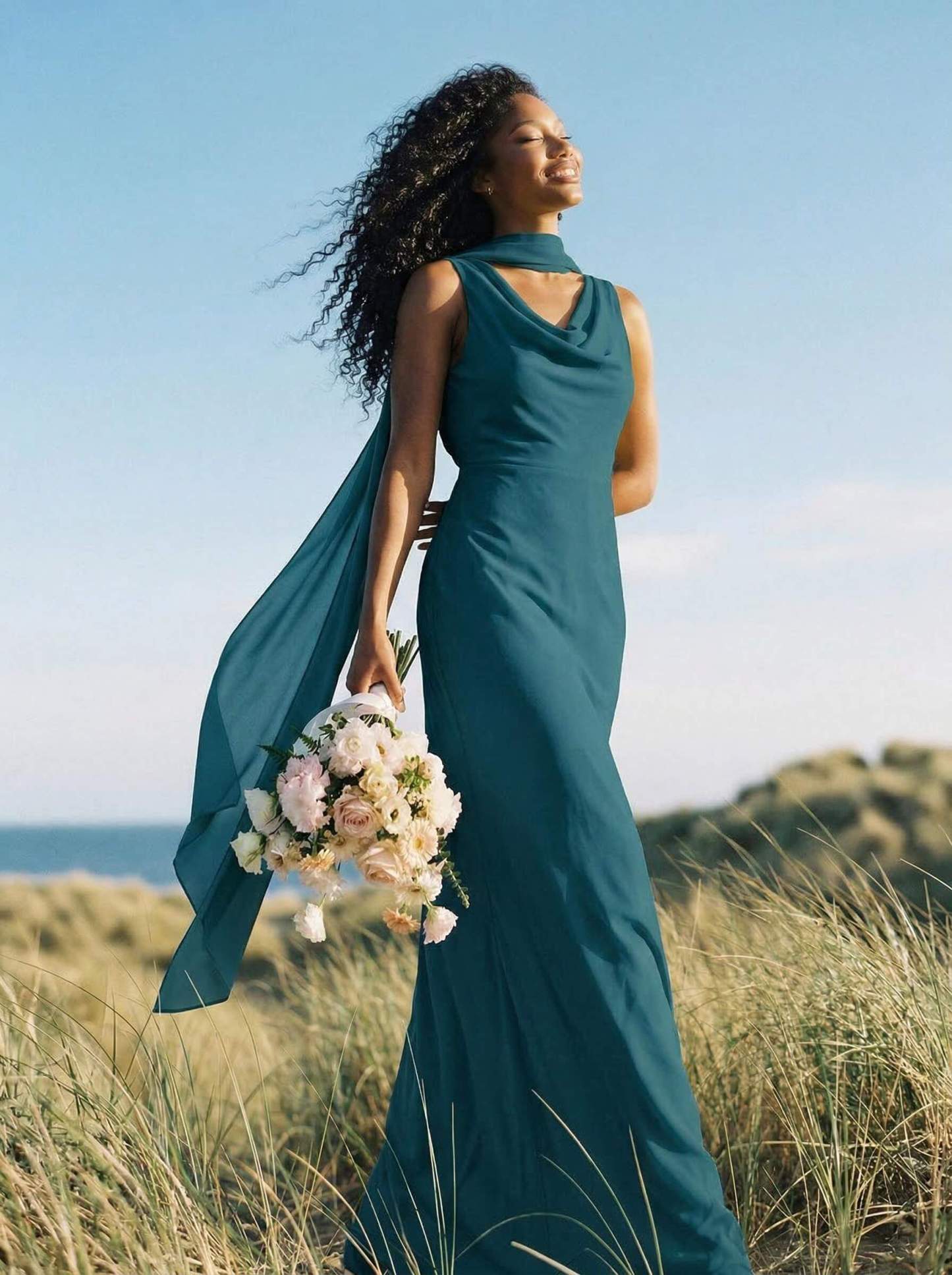 Elegant Sheath/Column Cowl Neck Sleeveless Floor-Length Chiffon Bridesmaid Dresses, product image 30