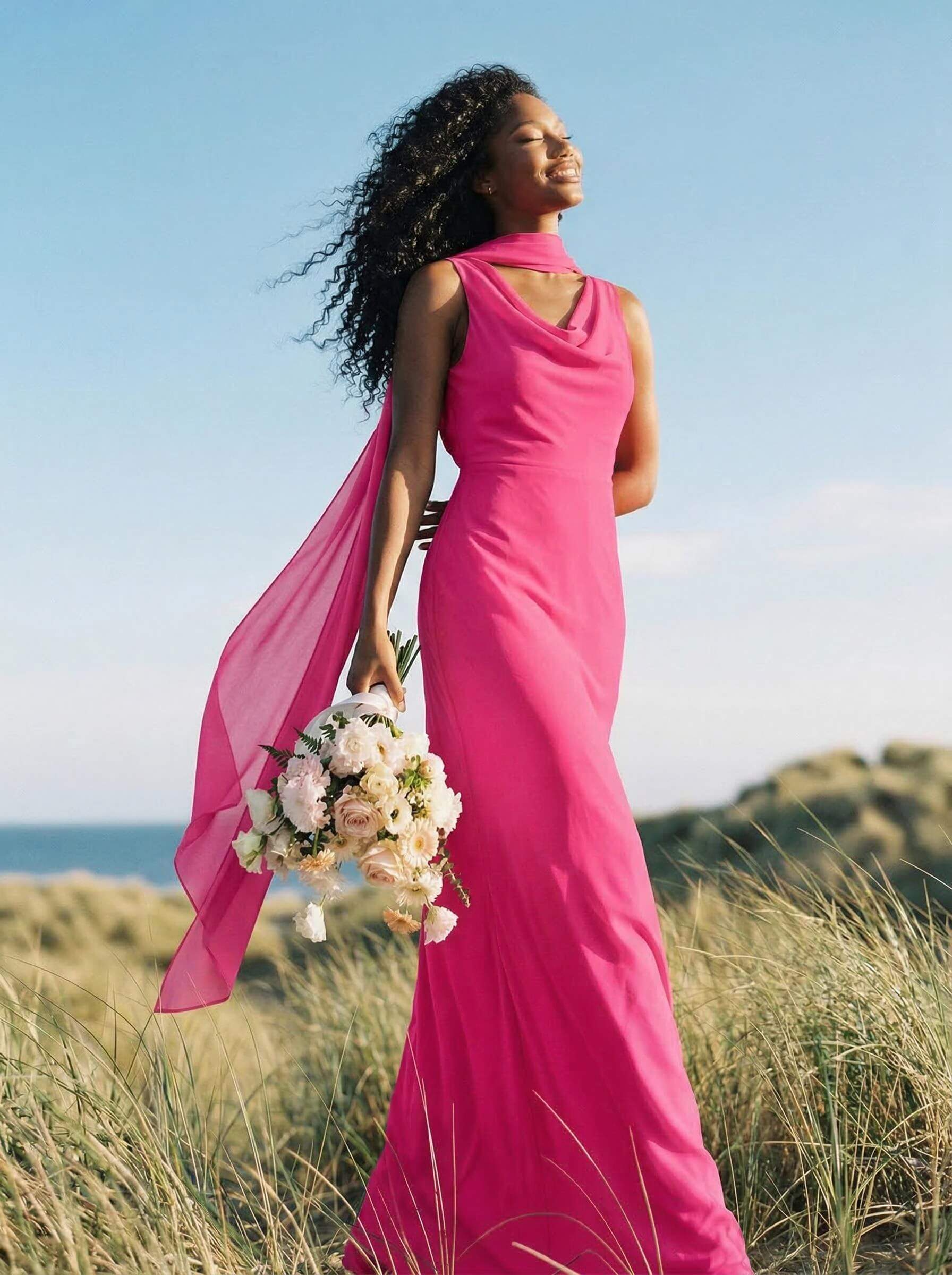 Elegant Sheath/Column Cowl Neck Sleeveless Floor-Length Chiffon Bridesmaid Dresses, product image 28