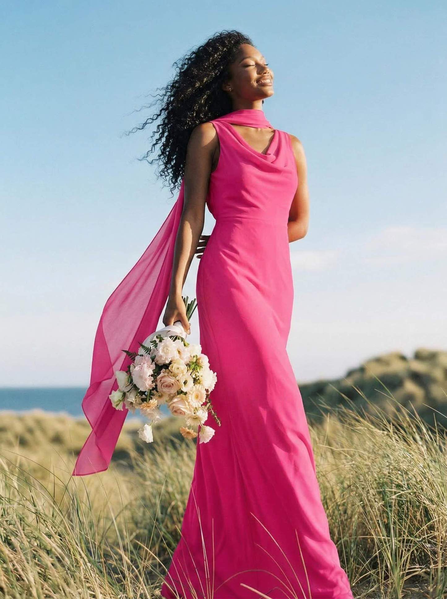 Elegant Sheath/Column Cowl Neck Sleeveless Floor-Length Chiffon Bridesmaid Dresses, product image 28
