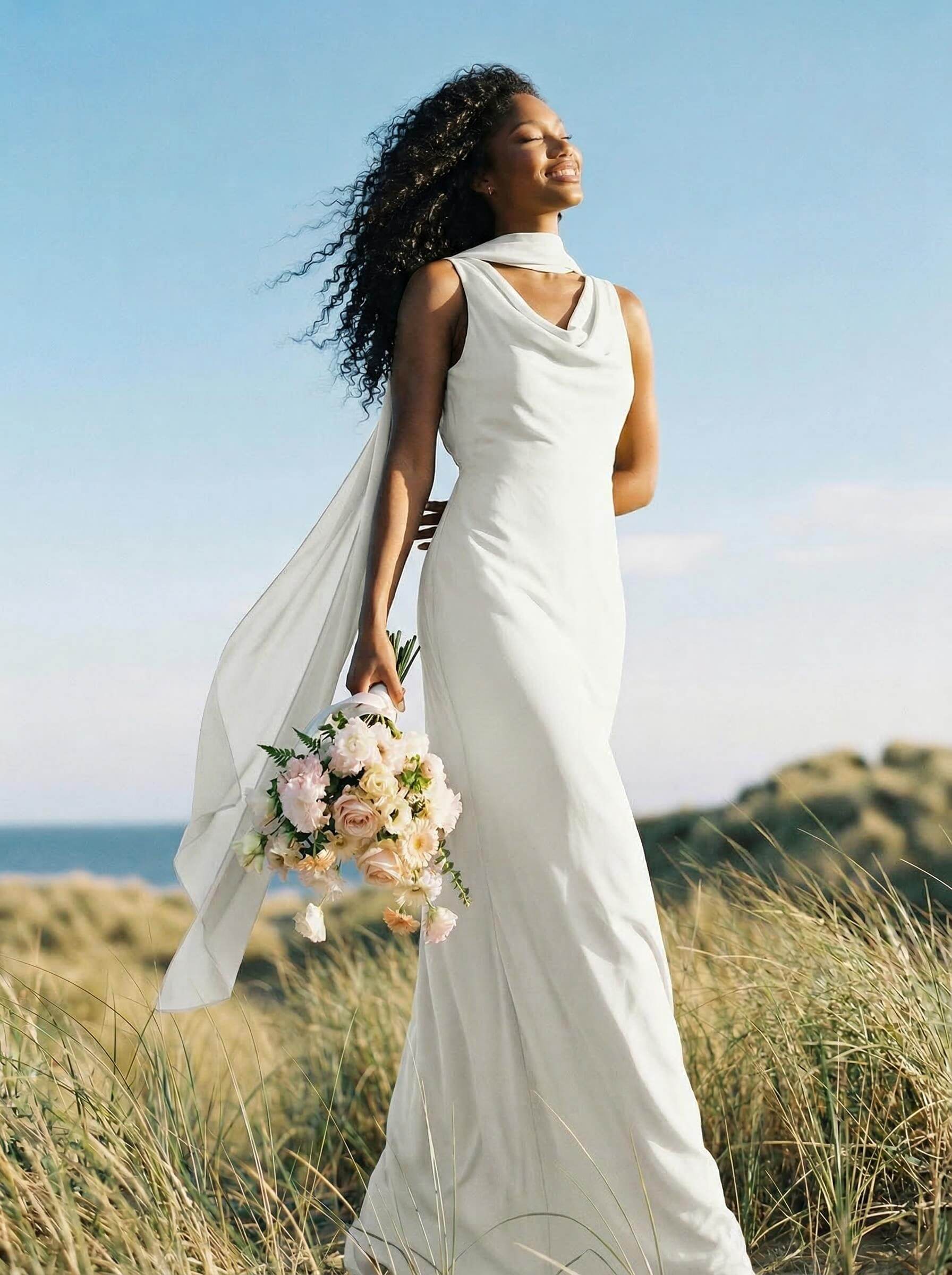 Elegant Sheath/Column Cowl Neck Sleeveless Floor-Length Chiffon Bridesmaid Dresses, product image 31