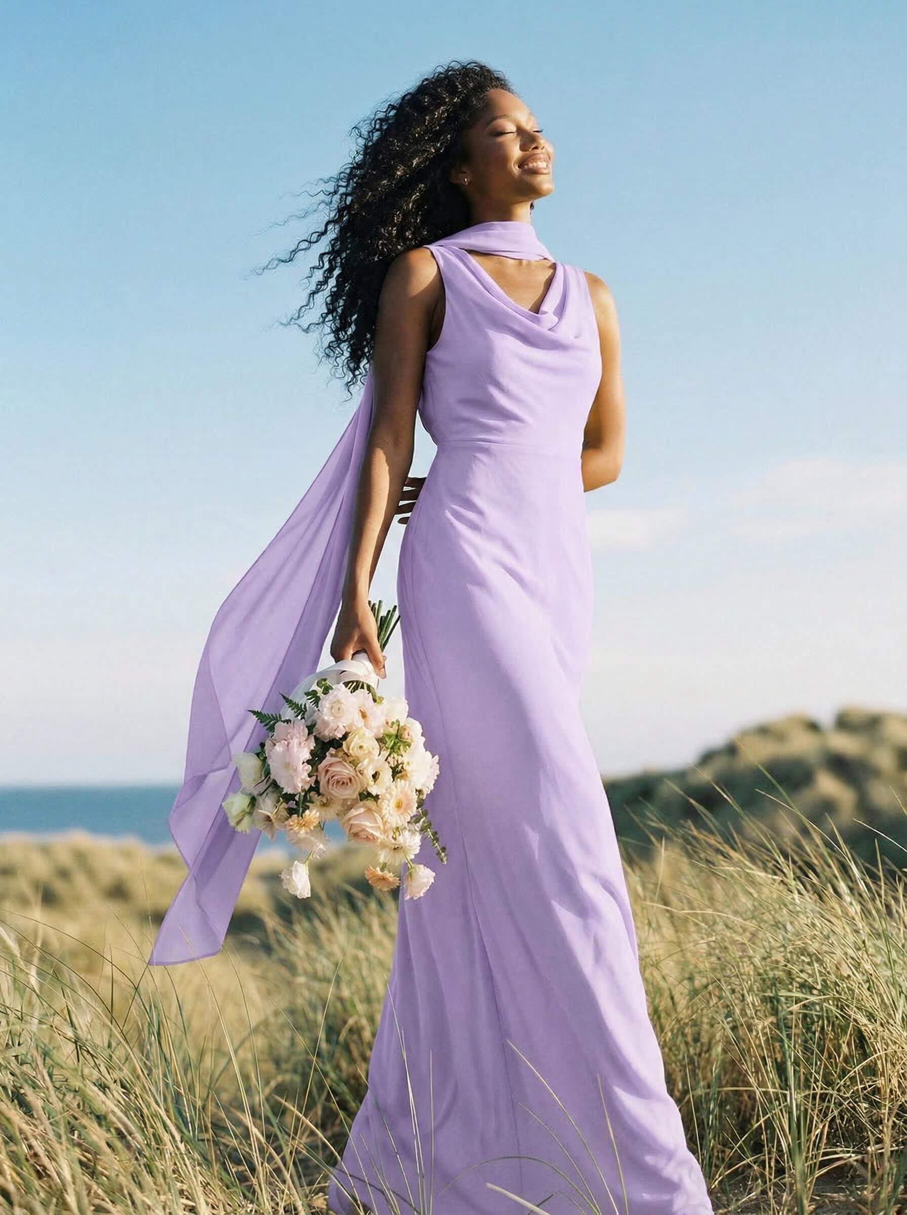 Elegant Sheath/Column Cowl Neck Sleeveless Floor-Length Chiffon Bridesmaid Dresses, product image 33