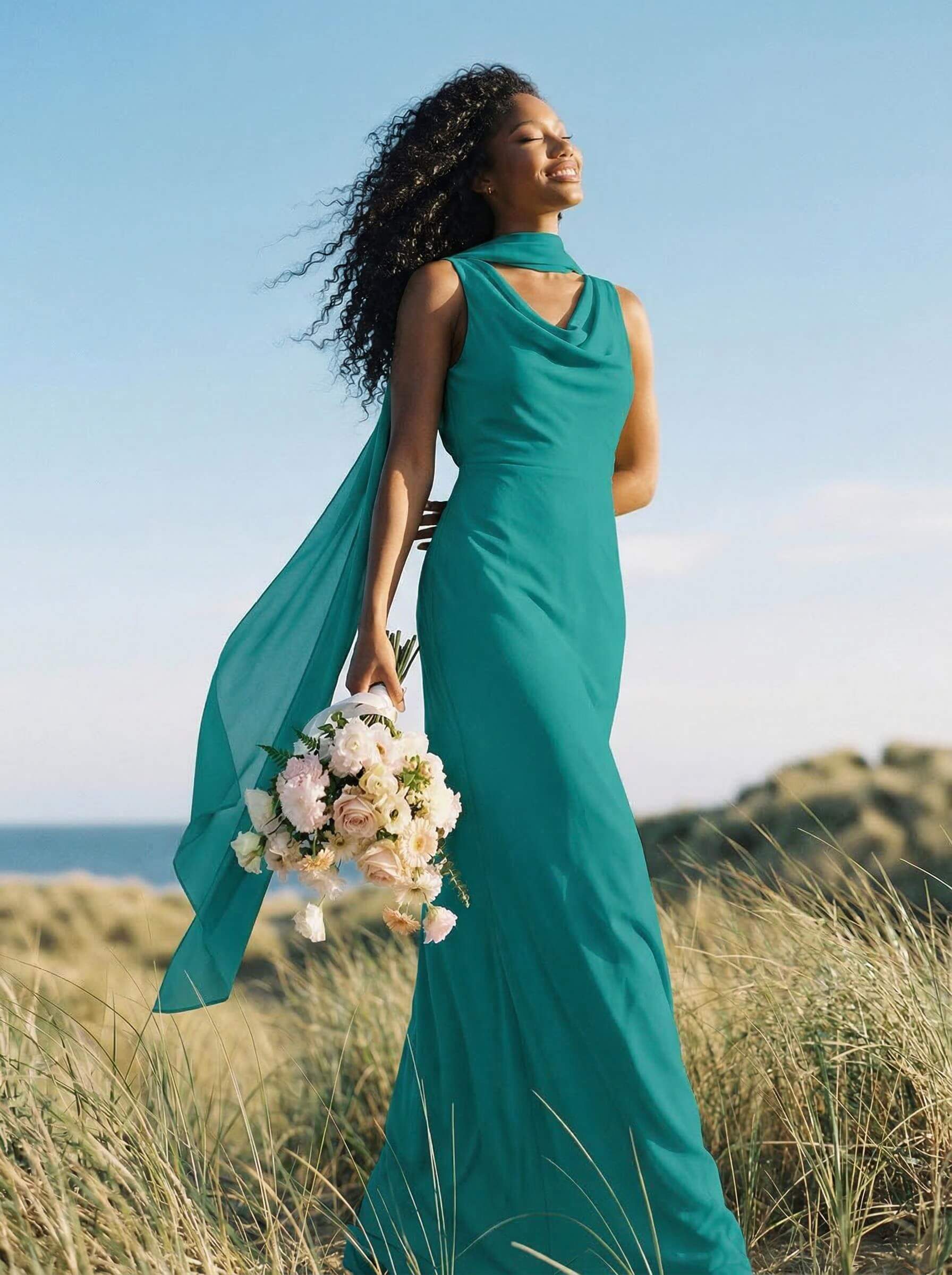 Elegant Sheath/Column Cowl Neck Sleeveless Floor-Length Chiffon Bridesmaid Dresses, product image 32