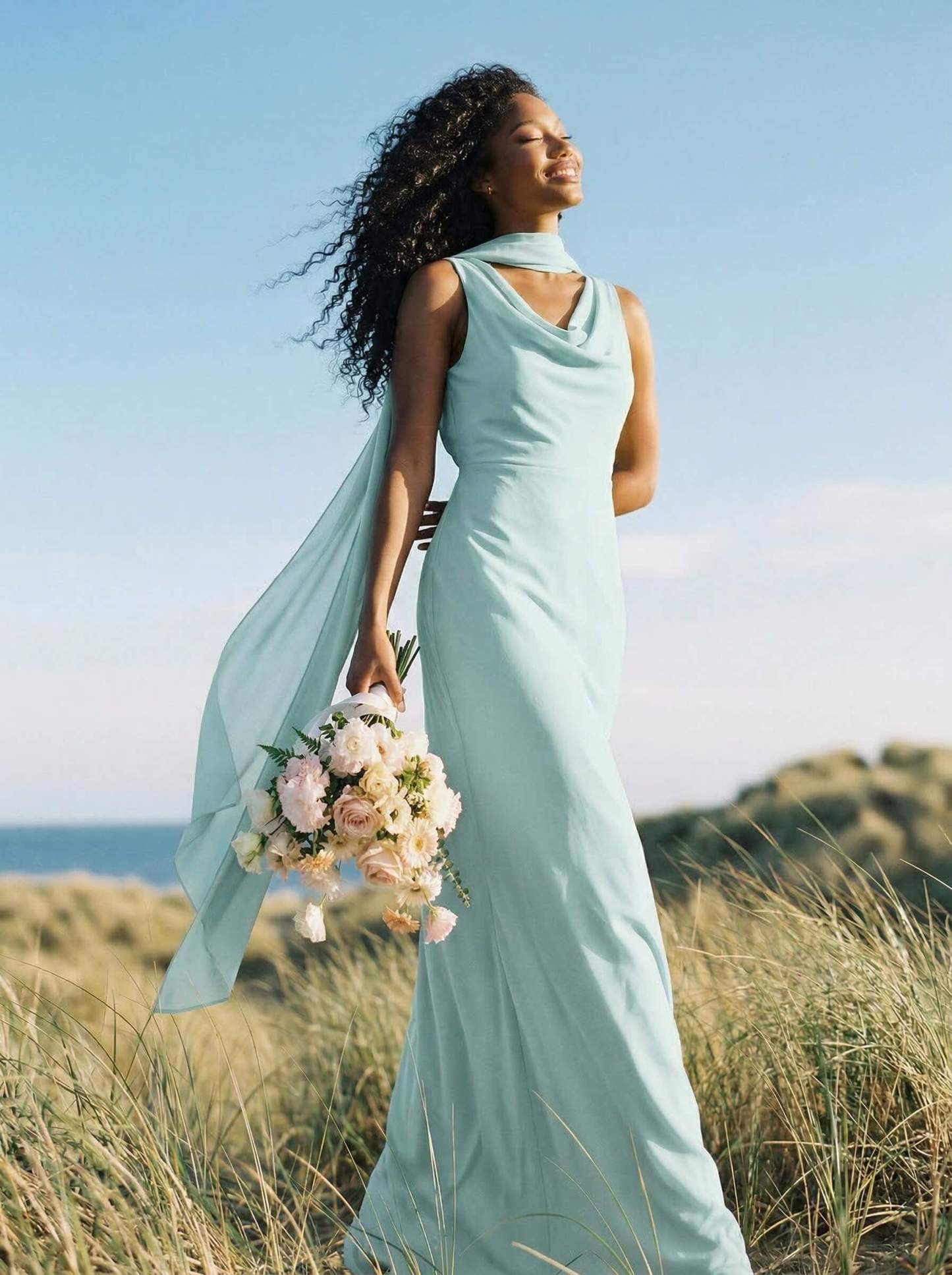 Elegant Sheath/Column Cowl Neck Sleeveless Floor-Length Chiffon Bridesmaid Dresses, product image 35