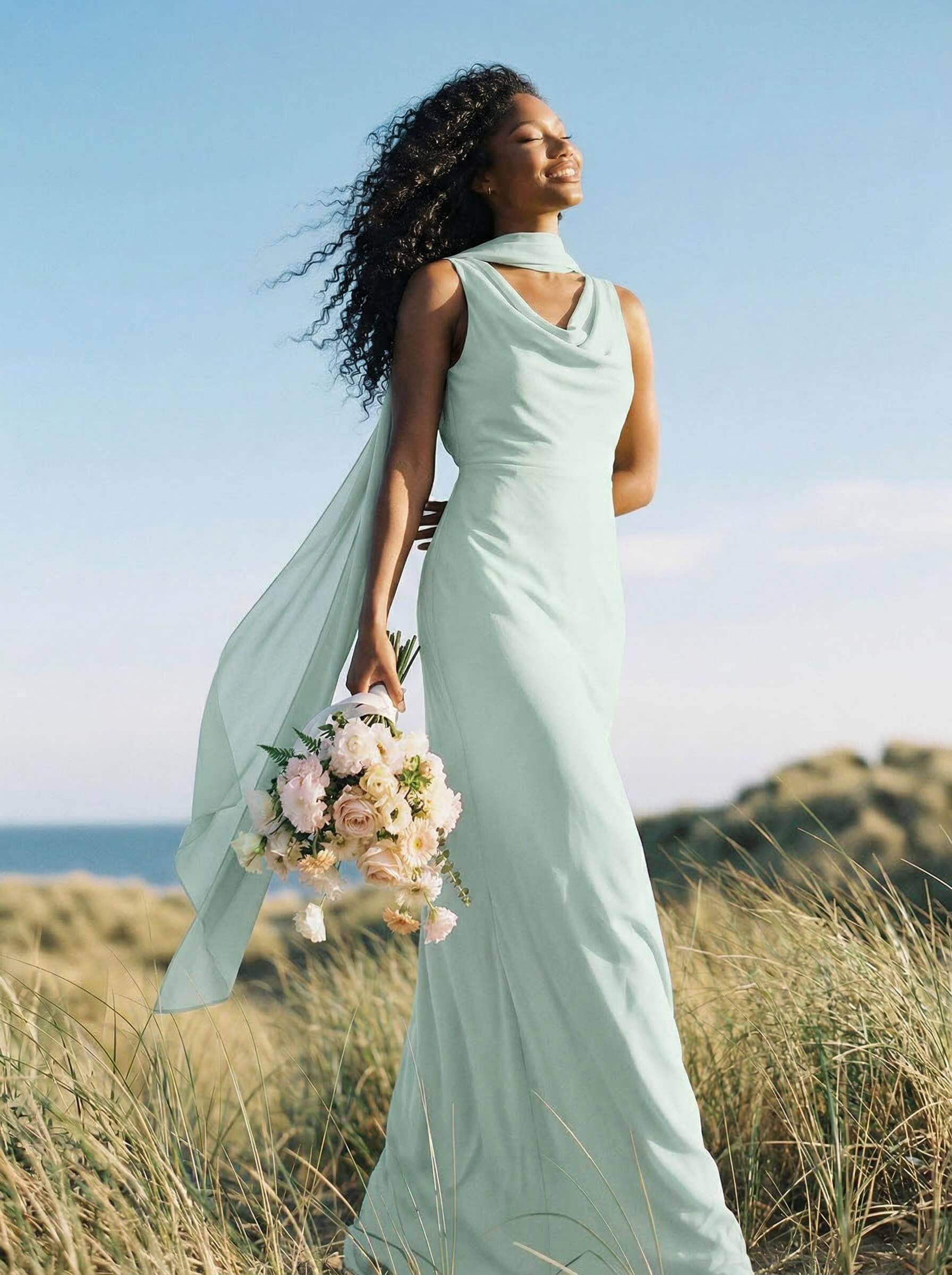 Elegant Sheath/Column Cowl Neck Sleeveless Floor-Length Chiffon Bridesmaid Dresses, product image 48