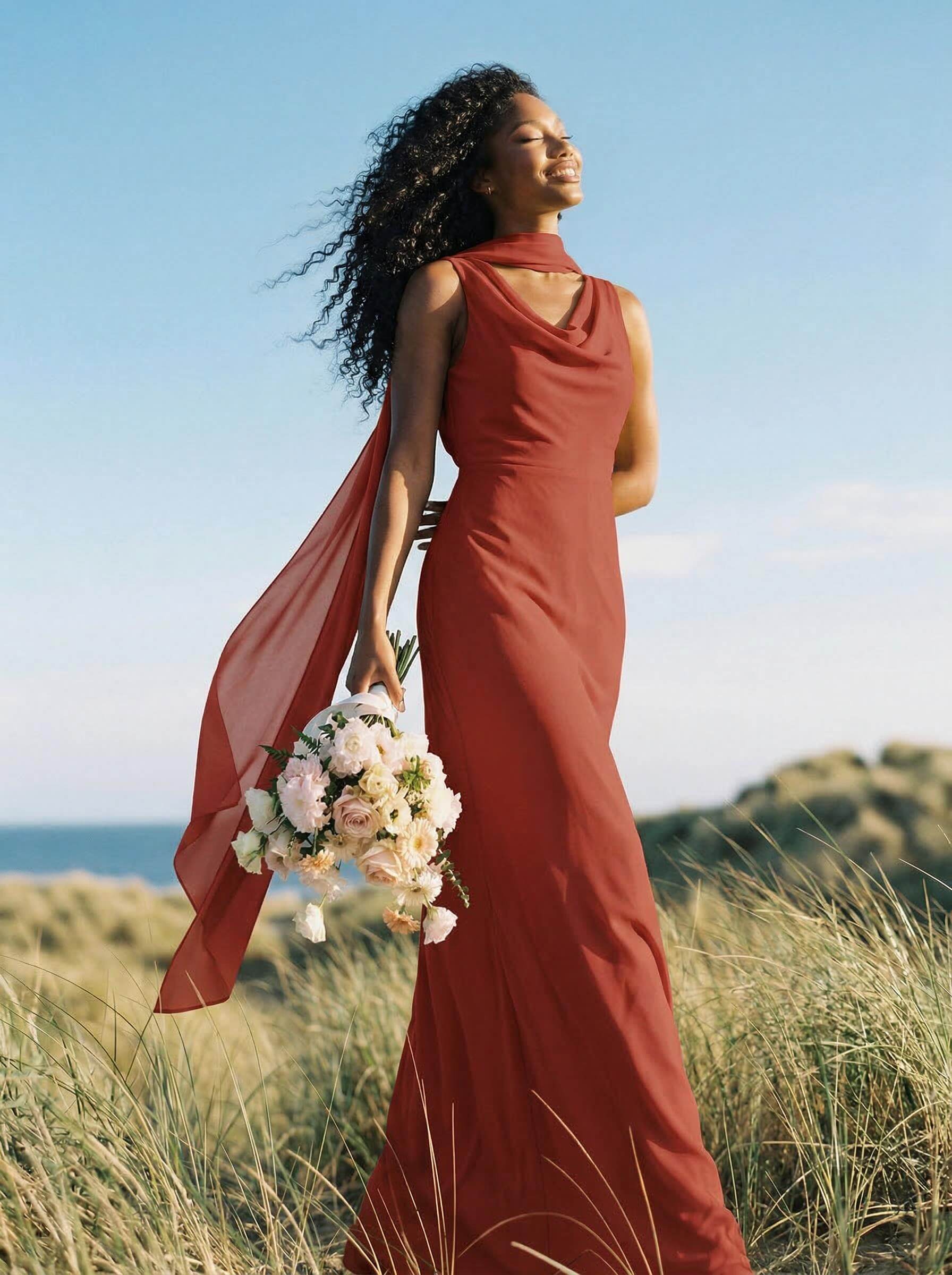 Elegant Sheath/Column Cowl Neck Sleeveless Floor-Length Chiffon Bridesmaid Dresses, product image 56
