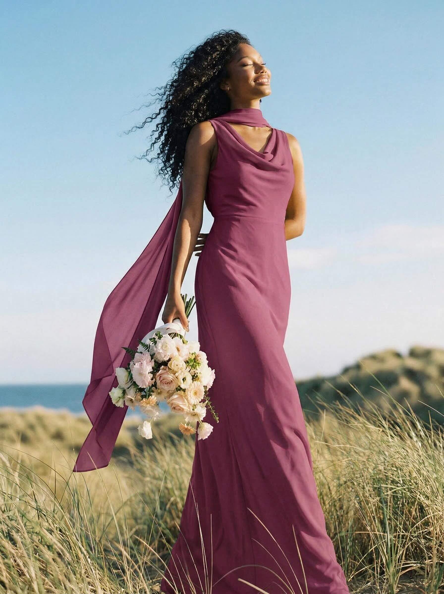 Elegant Sheath/Column Cowl Neck Sleeveless Floor-Length Chiffon Bridesmaid Dresses, product image 37