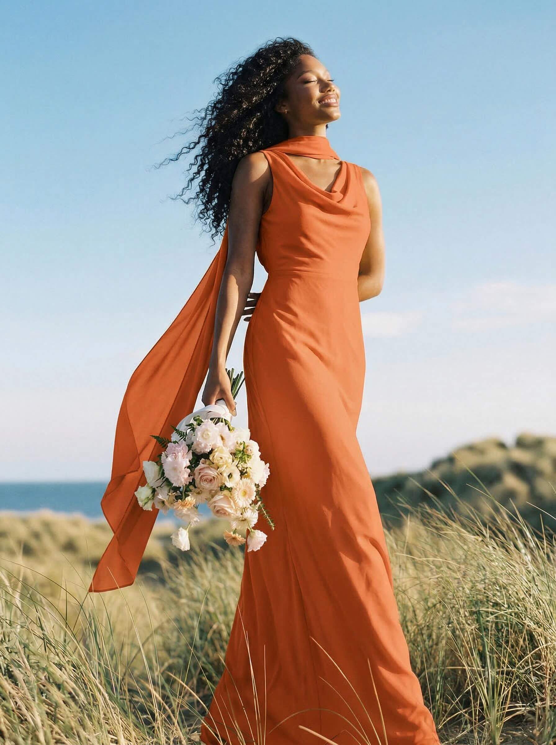 Elegant Sheath/Column Cowl Neck Sleeveless Floor-Length Chiffon Bridesmaid Dresses, product image 40