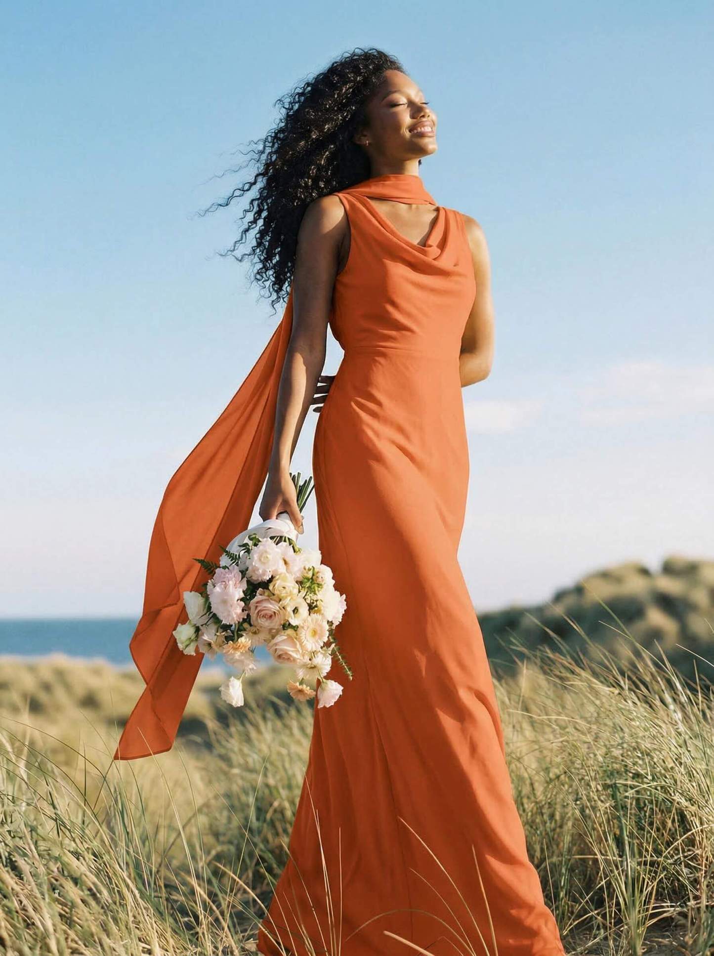 Elegant Sheath/Column Cowl Neck Sleeveless Floor-Length Chiffon Bridesmaid Dresses, product image 40
