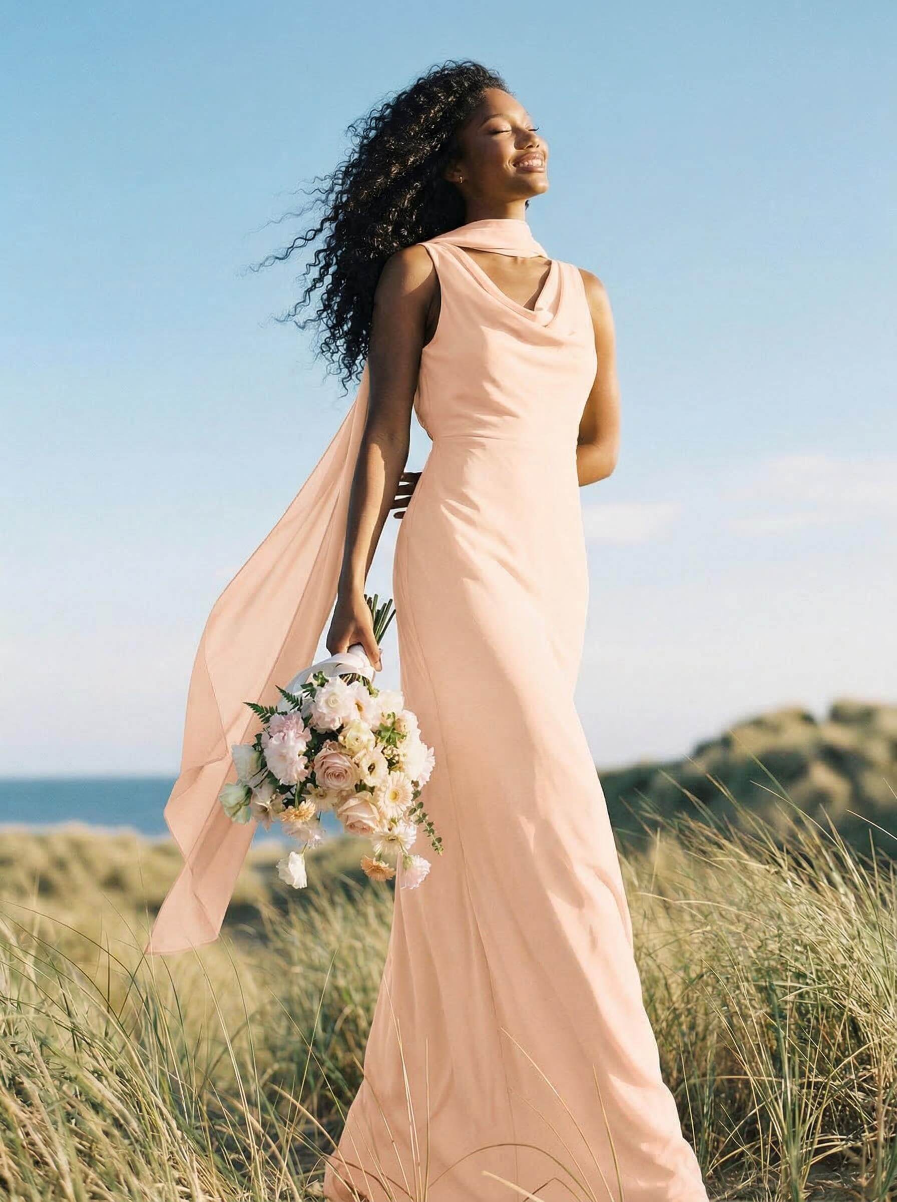 Elegant Sheath/Column Cowl Neck Sleeveless Floor-Length Chiffon Bridesmaid Dresses, product image 43