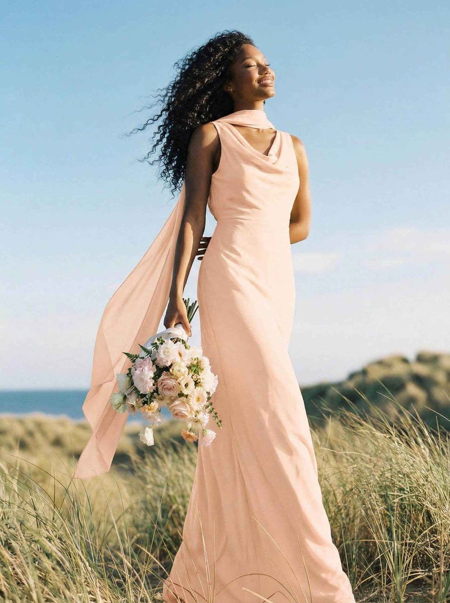 Elegant Sheath/Column Cowl Neck Sleeveless Floor-Length Chiffon Bridesmaid Dresses, product image 43