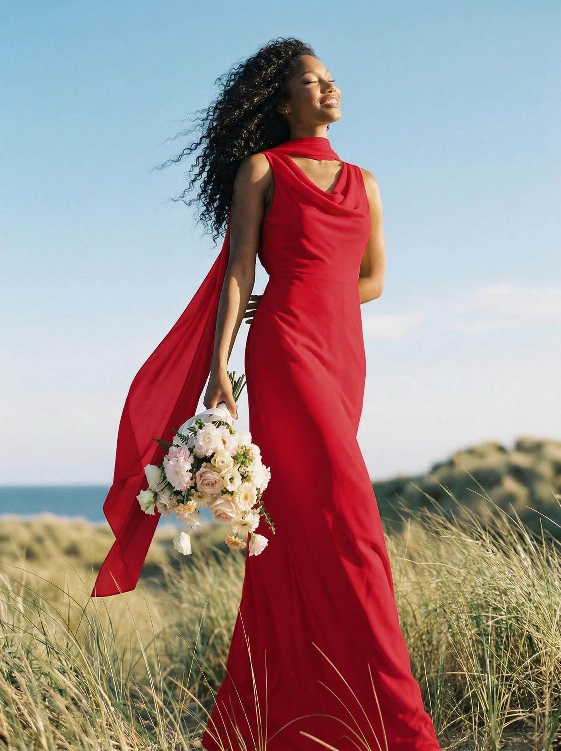 Elegant Sheath/Column Cowl Neck Sleeveless Floor-Length Chiffon Bridesmaid Dresses, product image 45