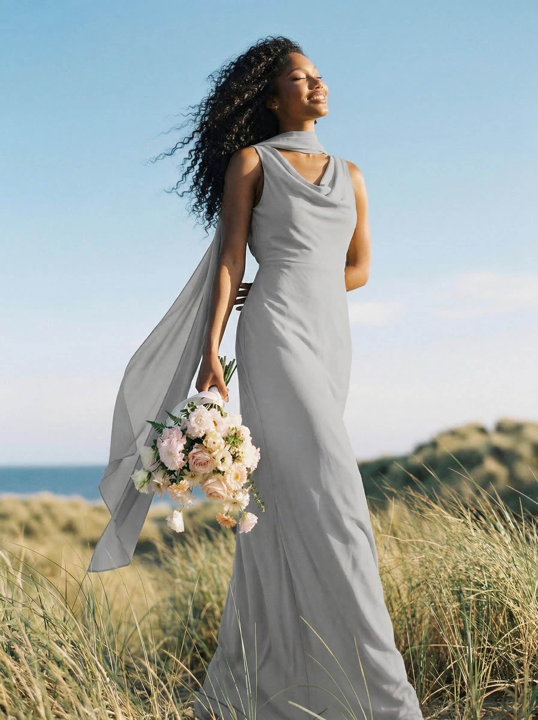 Elegant Sheath/Column Cowl Neck Sleeveless Floor-Length Chiffon Bridesmaid Dresses, product image 49