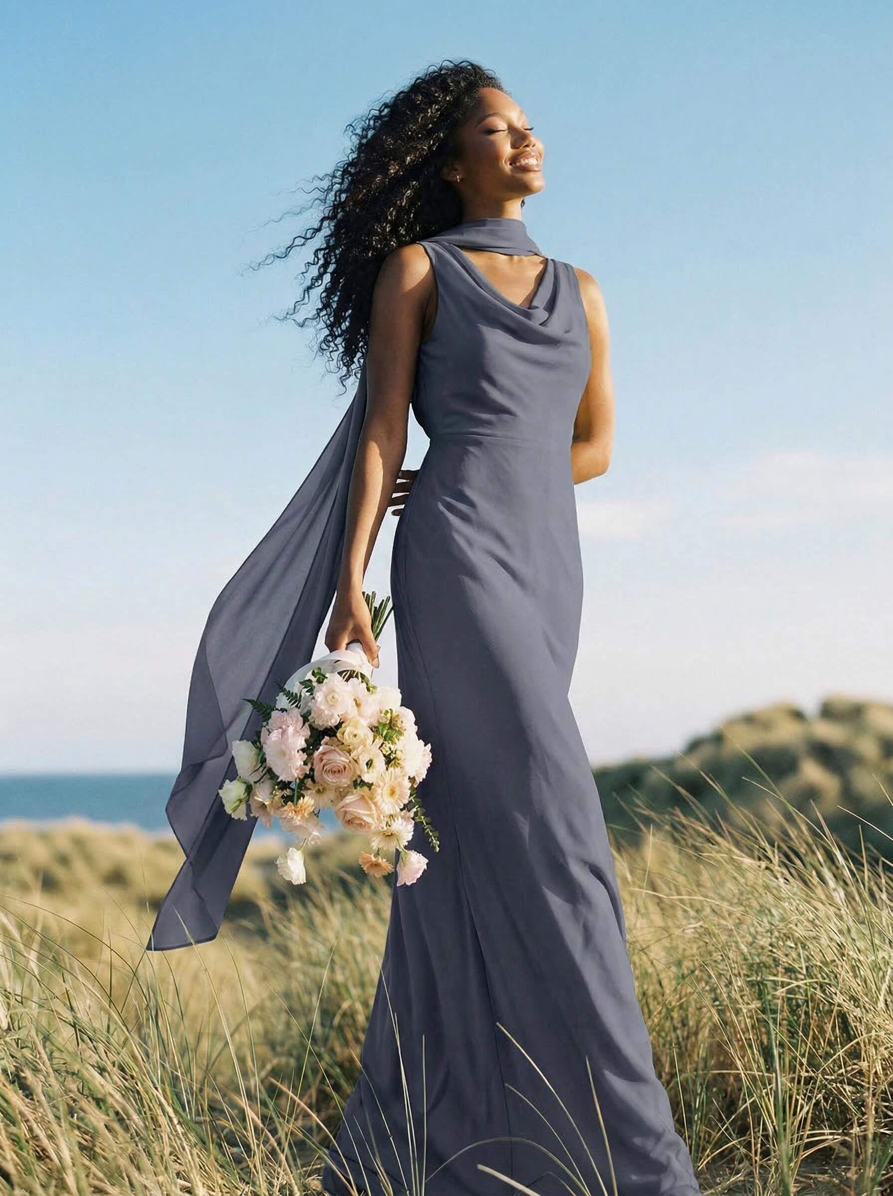 Elegant Sheath/Column Cowl Neck Sleeveless Floor-Length Chiffon Bridesmaid Dresses, product image 52