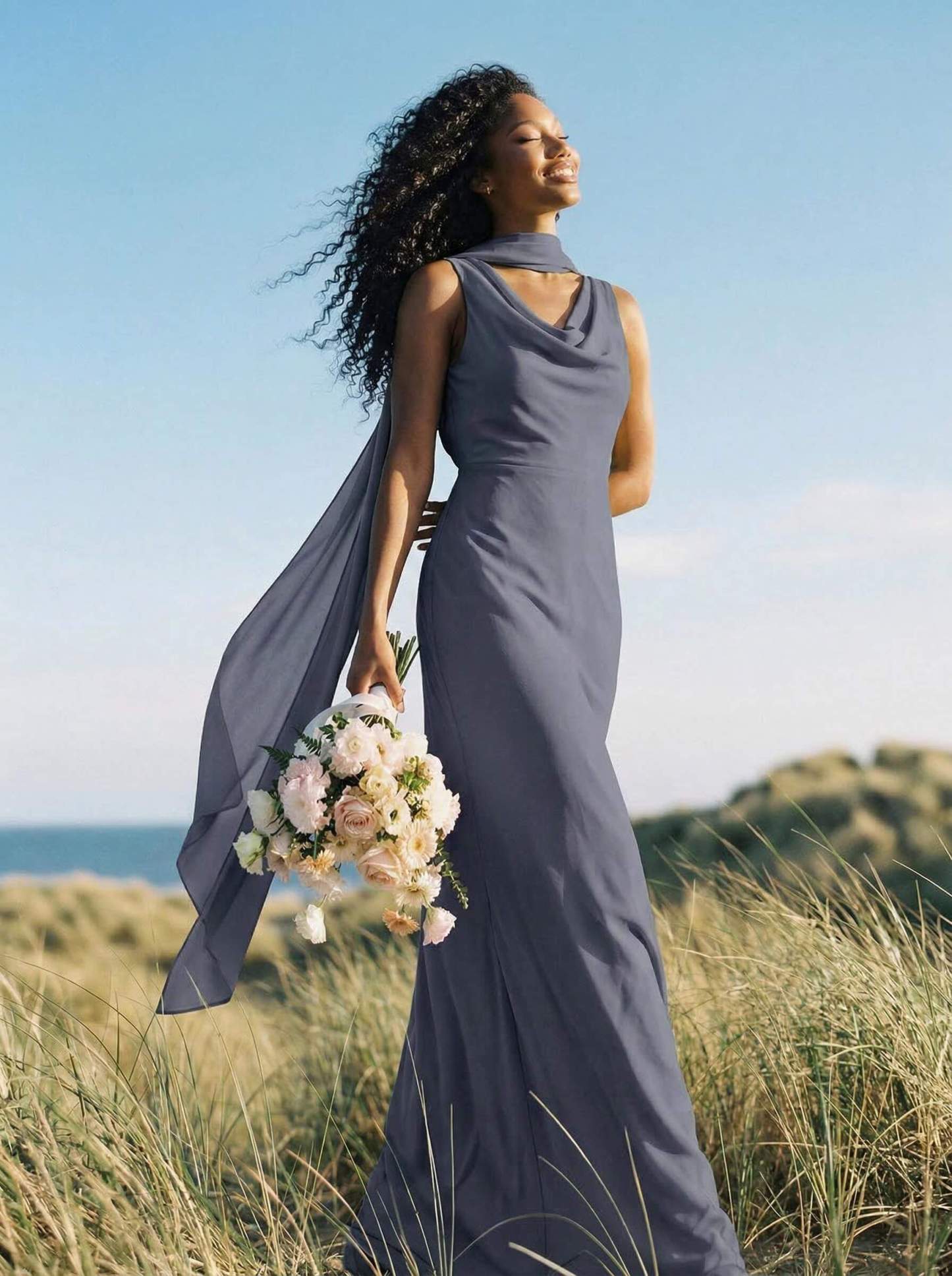 Elegant Sheath/Column Cowl Neck Sleeveless Floor-Length Chiffon Bridesmaid Dresses, product image 52