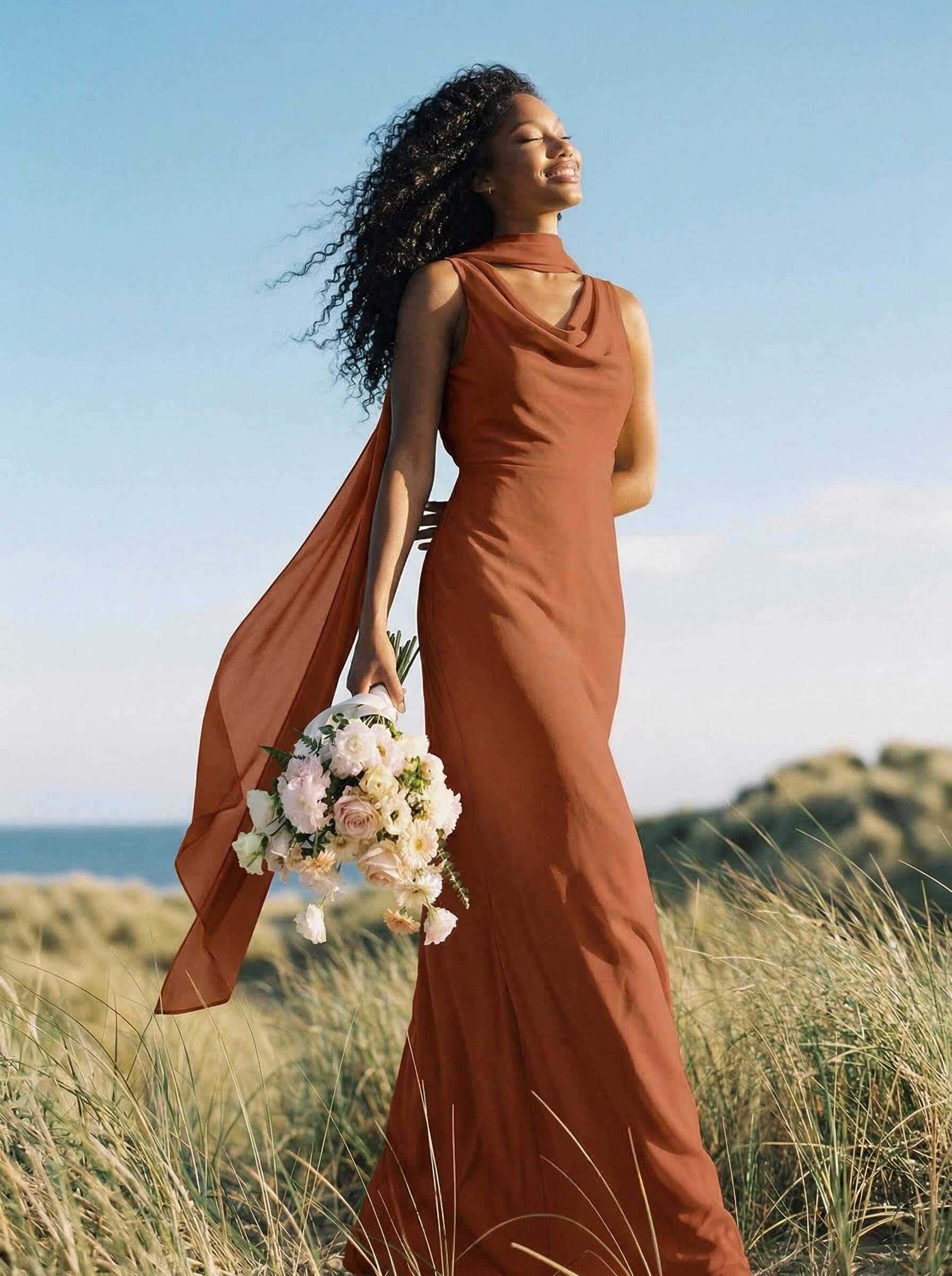 Elegant Sheath/Column Cowl Neck Sleeveless Floor-Length Chiffon Bridesmaid Dresses, product image 55