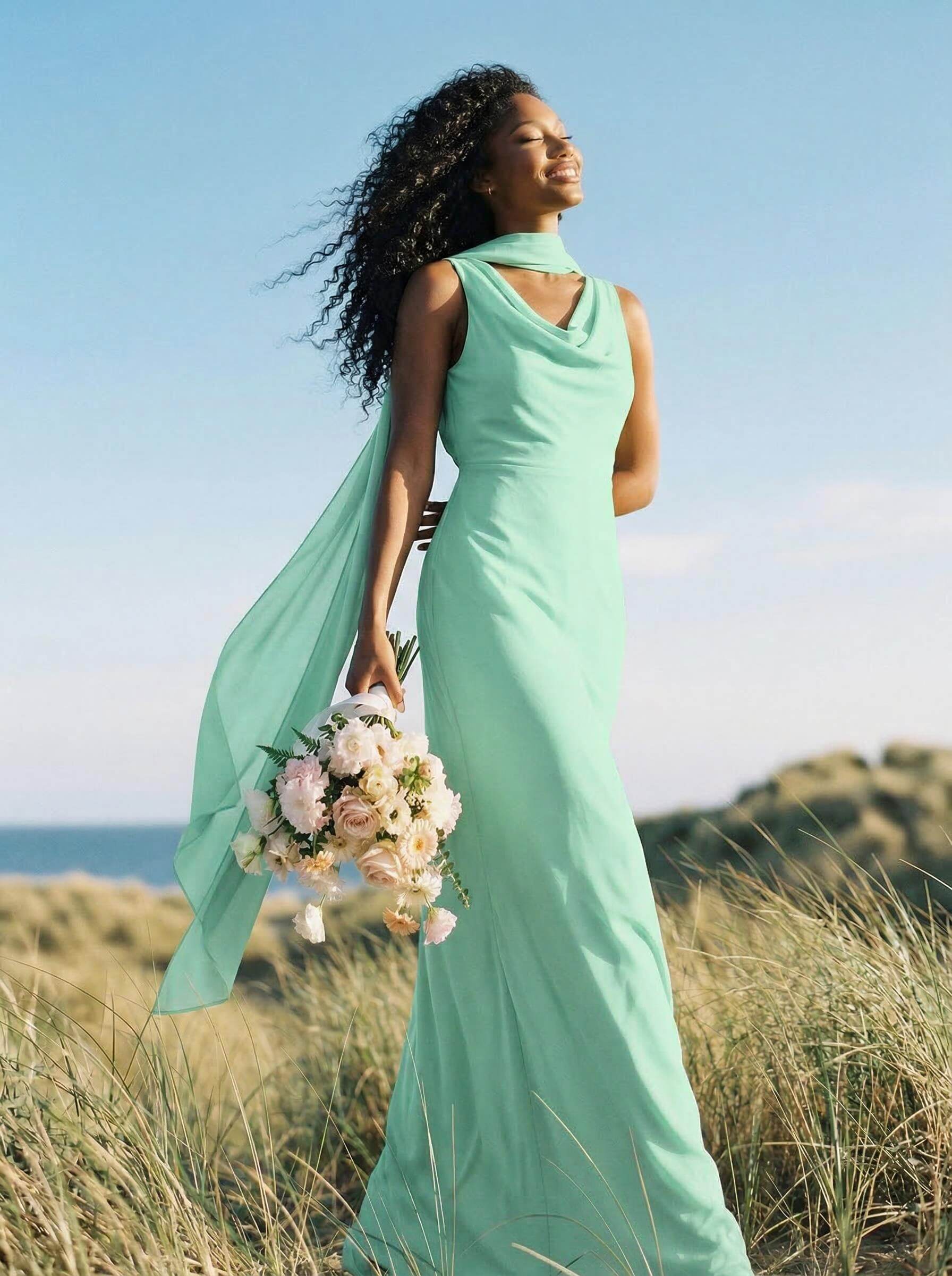 Elegant Sheath/Column Cowl Neck Sleeveless Floor-Length Chiffon Bridesmaid Dresses, product image 34