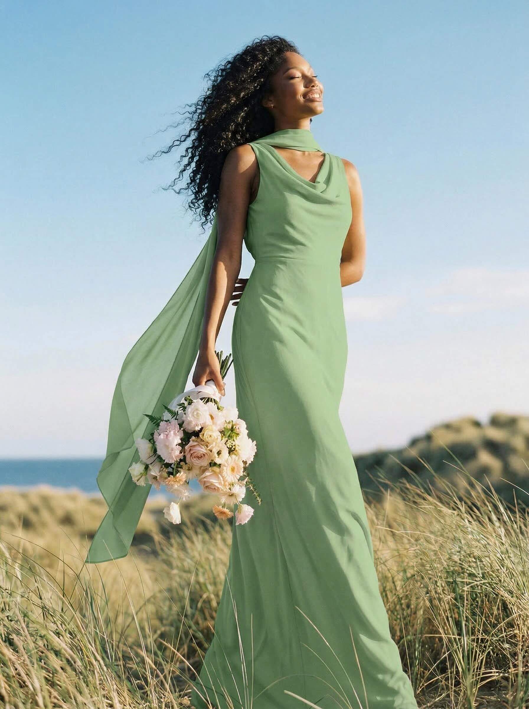 Elegant Sheath/Column Cowl Neck Sleeveless Floor-Length Chiffon Bridesmaid Dresses, product image 36