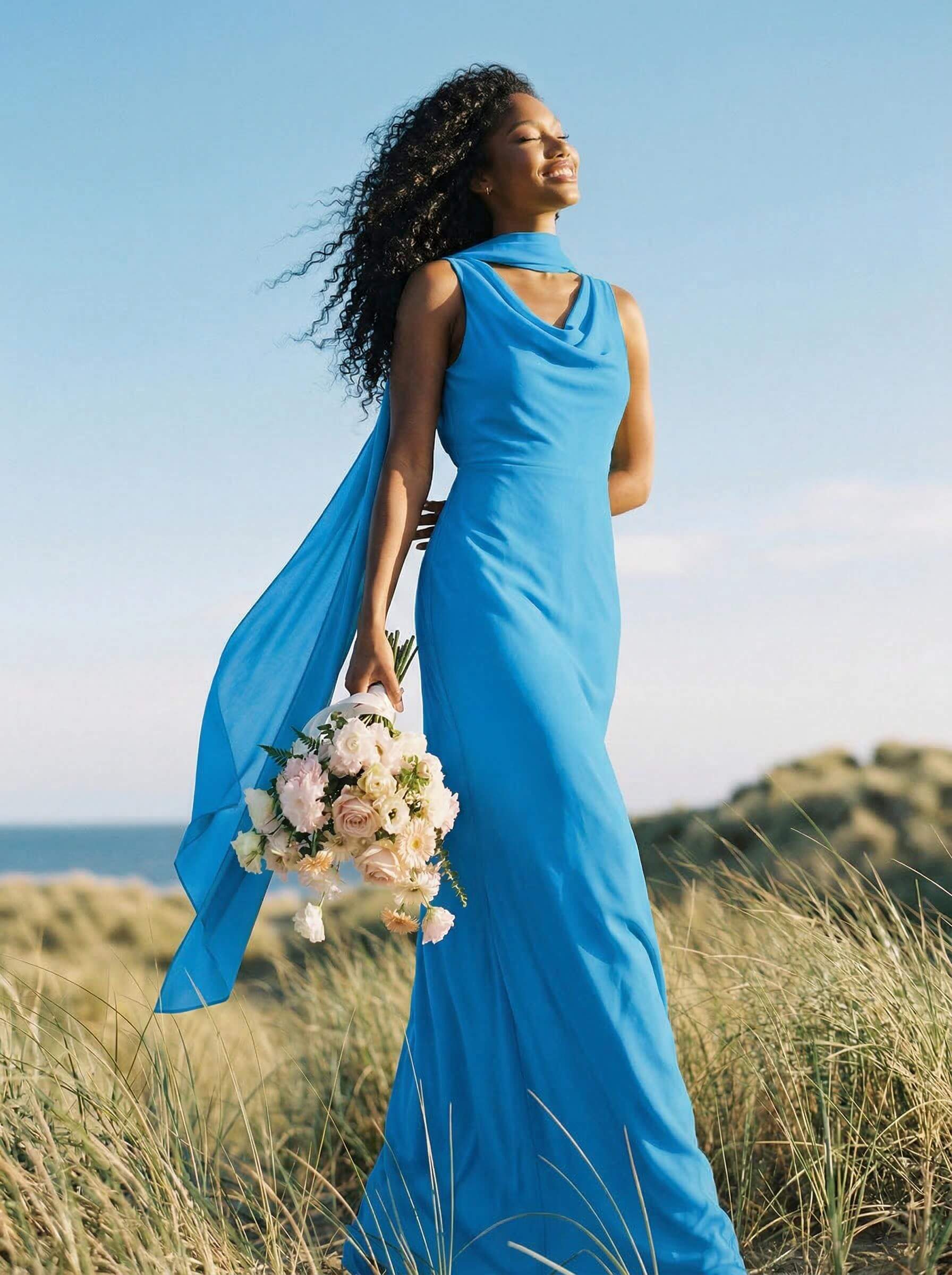 Elegant Sheath/Column Cowl Neck Sleeveless Floor-Length Chiffon Bridesmaid Dresses, product image 38