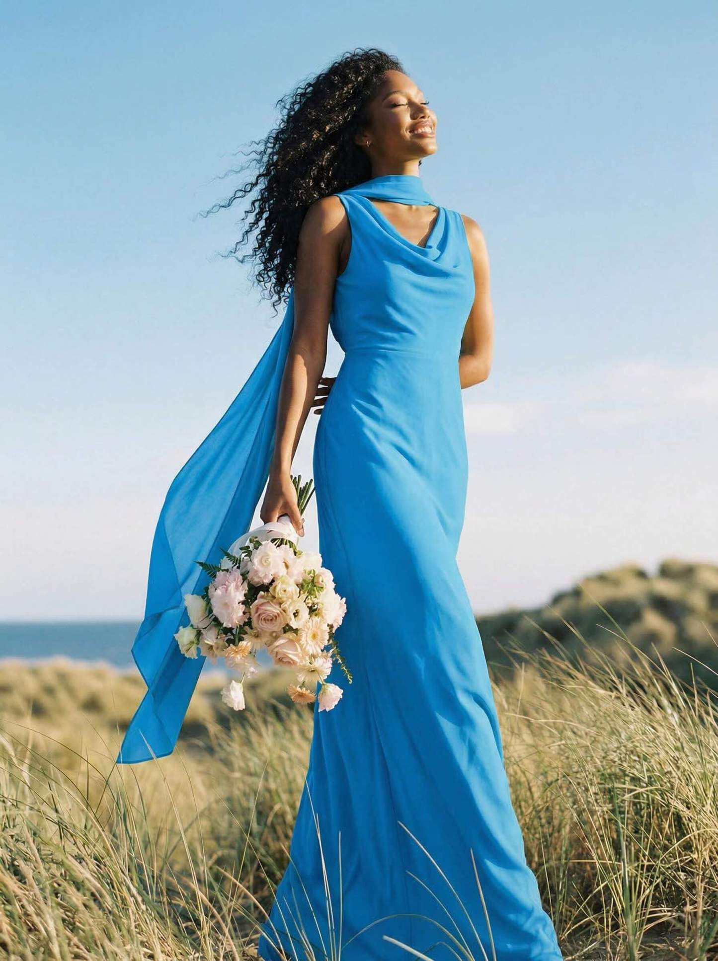Elegant Sheath/Column Cowl Neck Sleeveless Floor-Length Chiffon Bridesmaid Dresses, product image 38