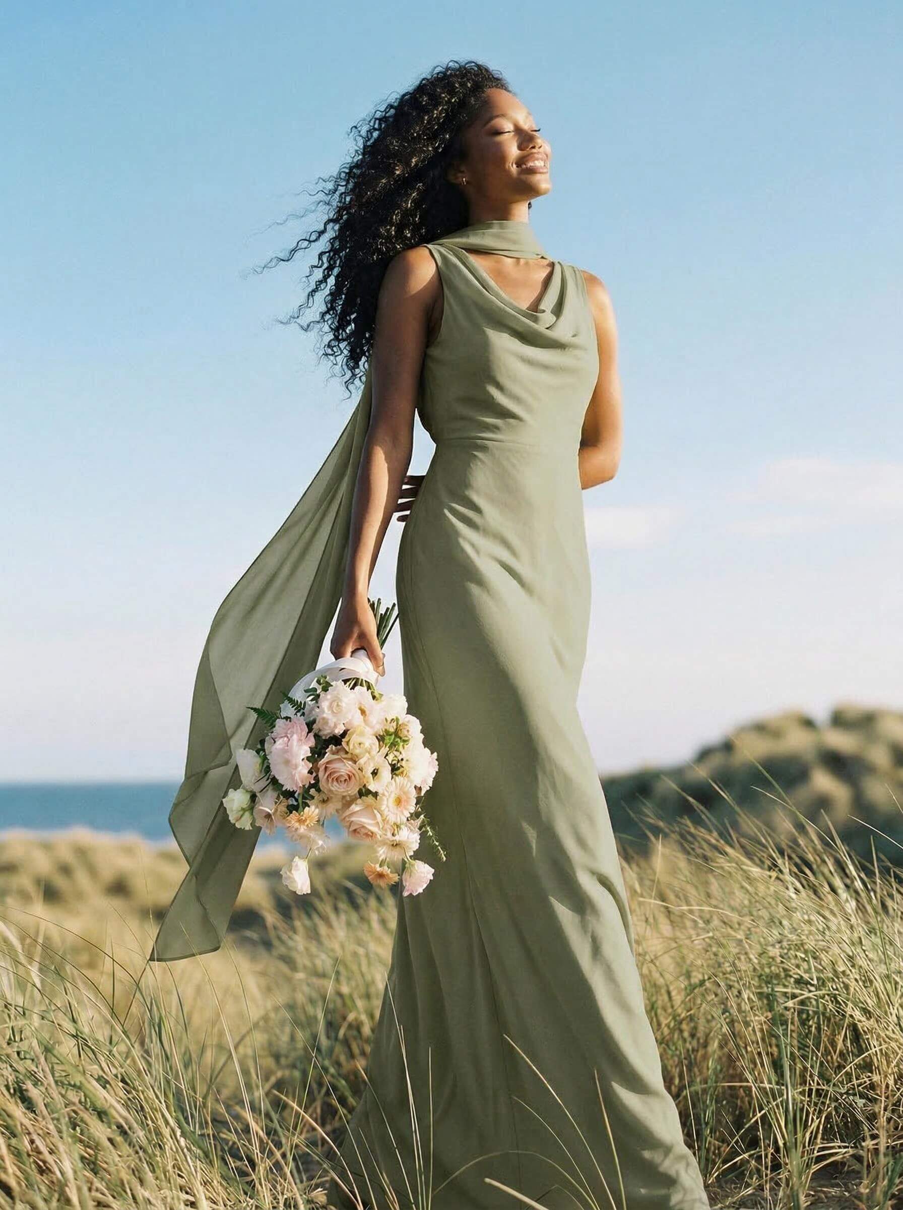 Elegant Sheath/Column Cowl Neck Sleeveless Floor-Length Chiffon Bridesmaid Dresses, product image 39