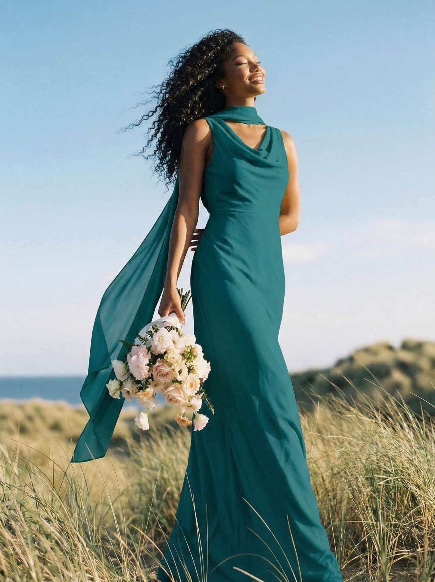 Elegant Sheath/Column Cowl Neck Sleeveless Floor-Length Chiffon Bridesmaid Dresses, product image 42