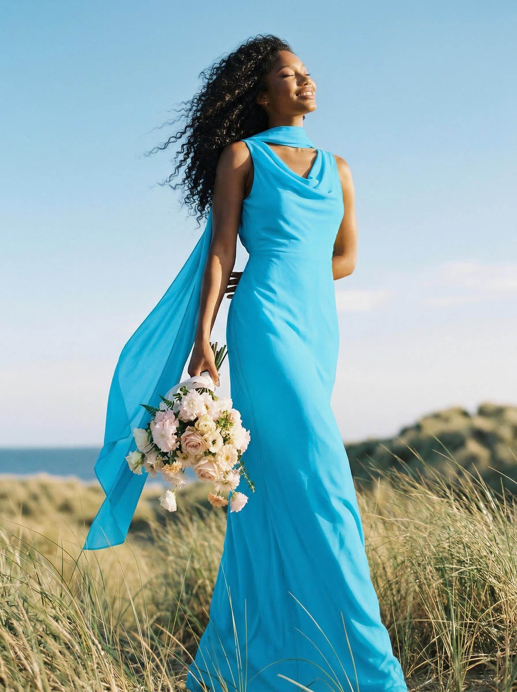 Elegant Sheath/Column Cowl Neck Sleeveless Floor-Length Chiffon Bridesmaid Dresses, product image 44