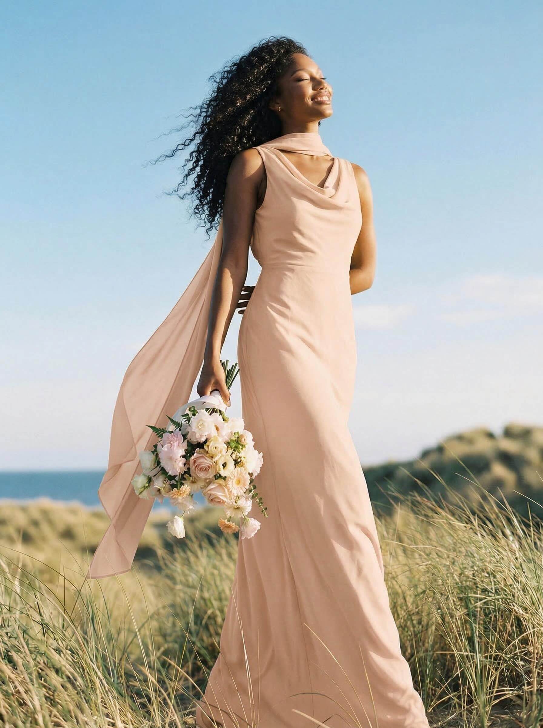 Elegant Sheath/Column Cowl Neck Sleeveless Floor-Length Chiffon Bridesmaid Dresses, product image 46