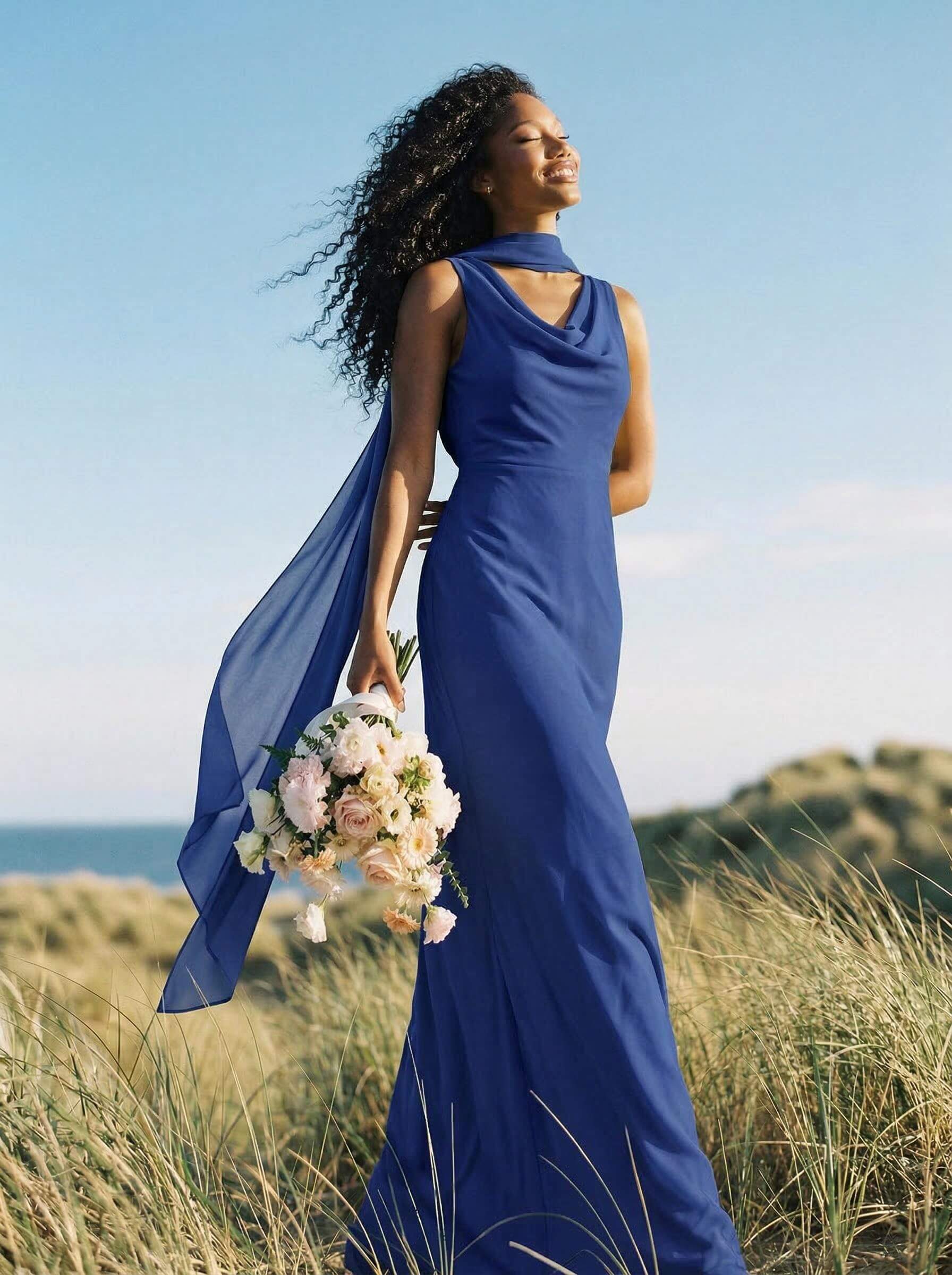 Elegant Sheath/Column Cowl Neck Sleeveless Floor-Length Chiffon Bridesmaid Dresses, product image 47
