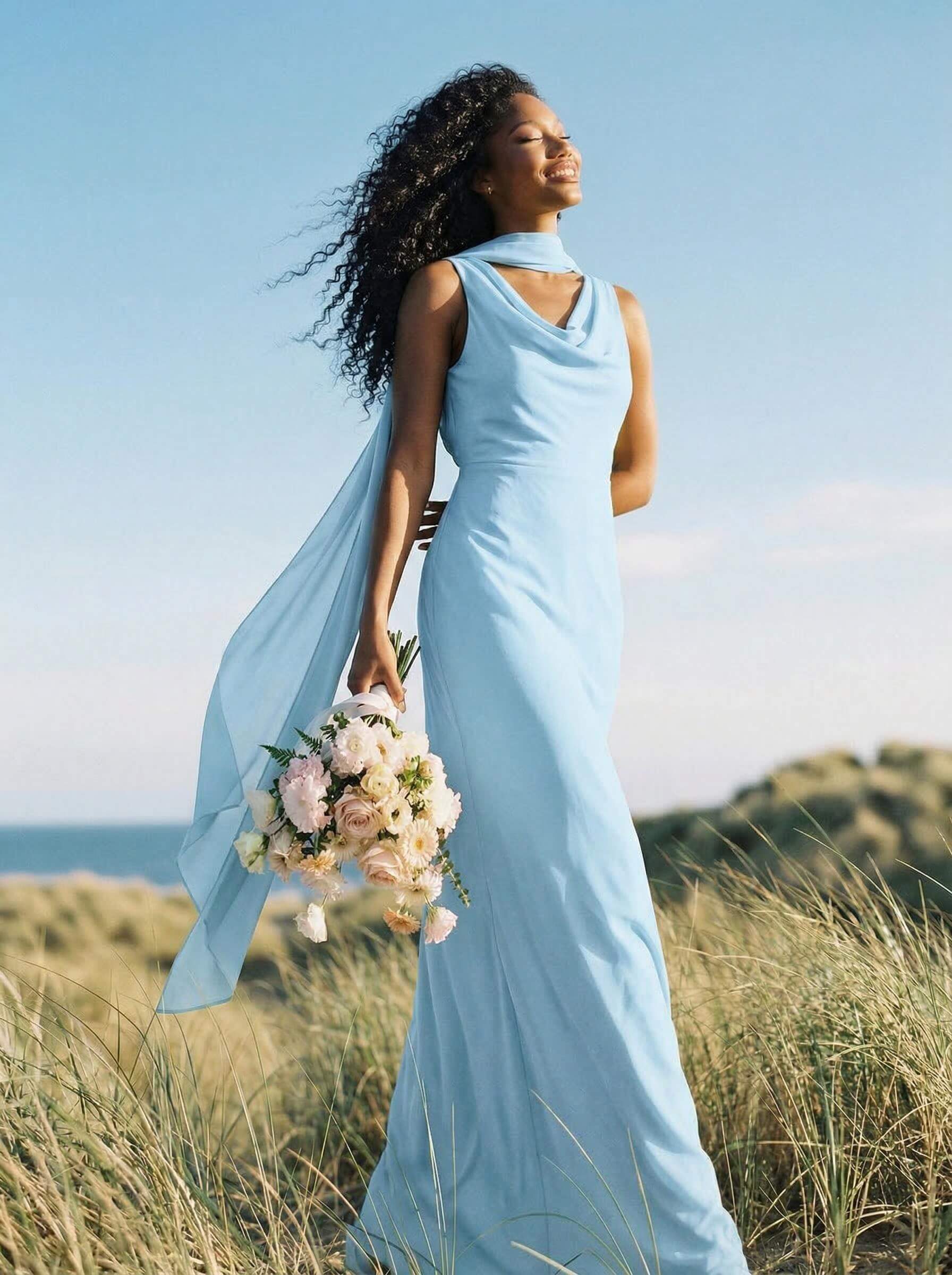 Elegant Sheath/Column Cowl Neck Sleeveless Floor-Length Chiffon Bridesmaid Dresses, product image 50