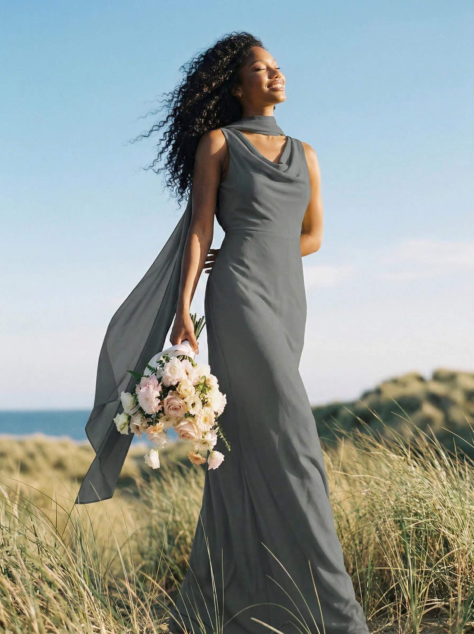 Elegant Sheath/Column Cowl Neck Sleeveless Floor-Length Chiffon Bridesmaid Dresses, product image 51