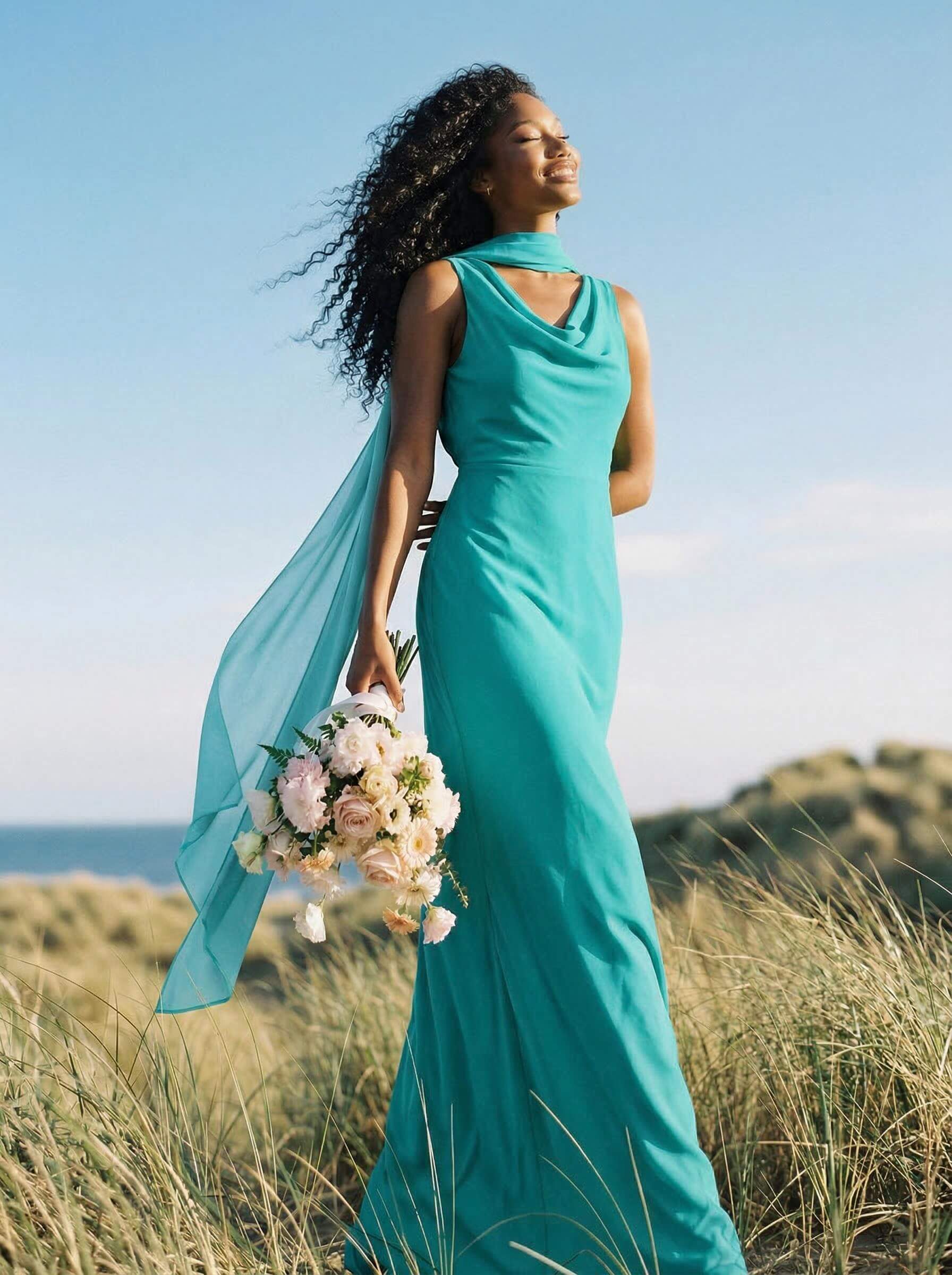 Elegant Sheath/Column Cowl Neck Sleeveless Floor-Length Chiffon Bridesmaid Dresses, product image 54