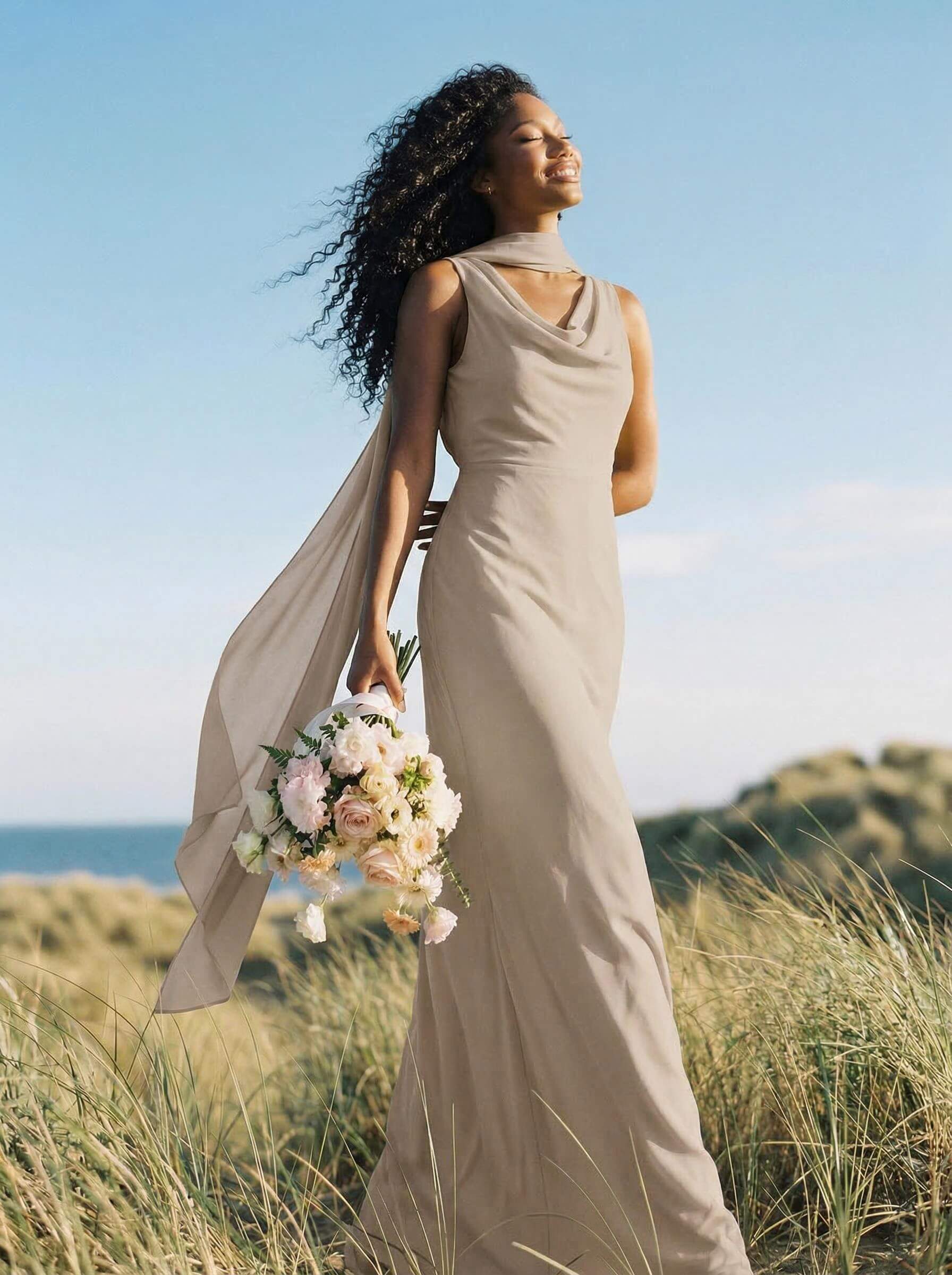 Elegant Sheath/Column Cowl Neck Sleeveless Floor-Length Chiffon Bridesmaid Dresses, product image 53