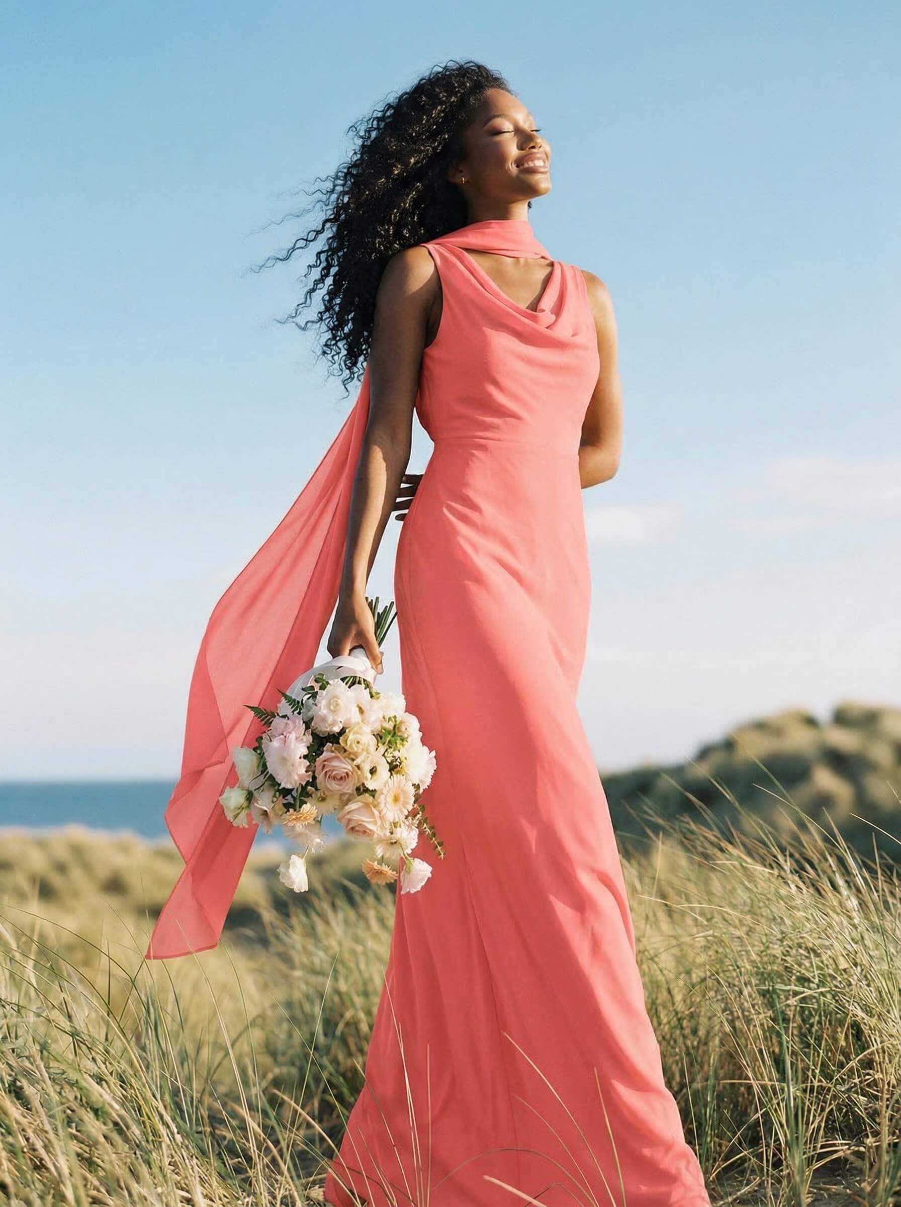 Elegant Sheath/Column Cowl Neck Sleeveless Floor-Length Chiffon Bridesmaid Dresses, product image 58