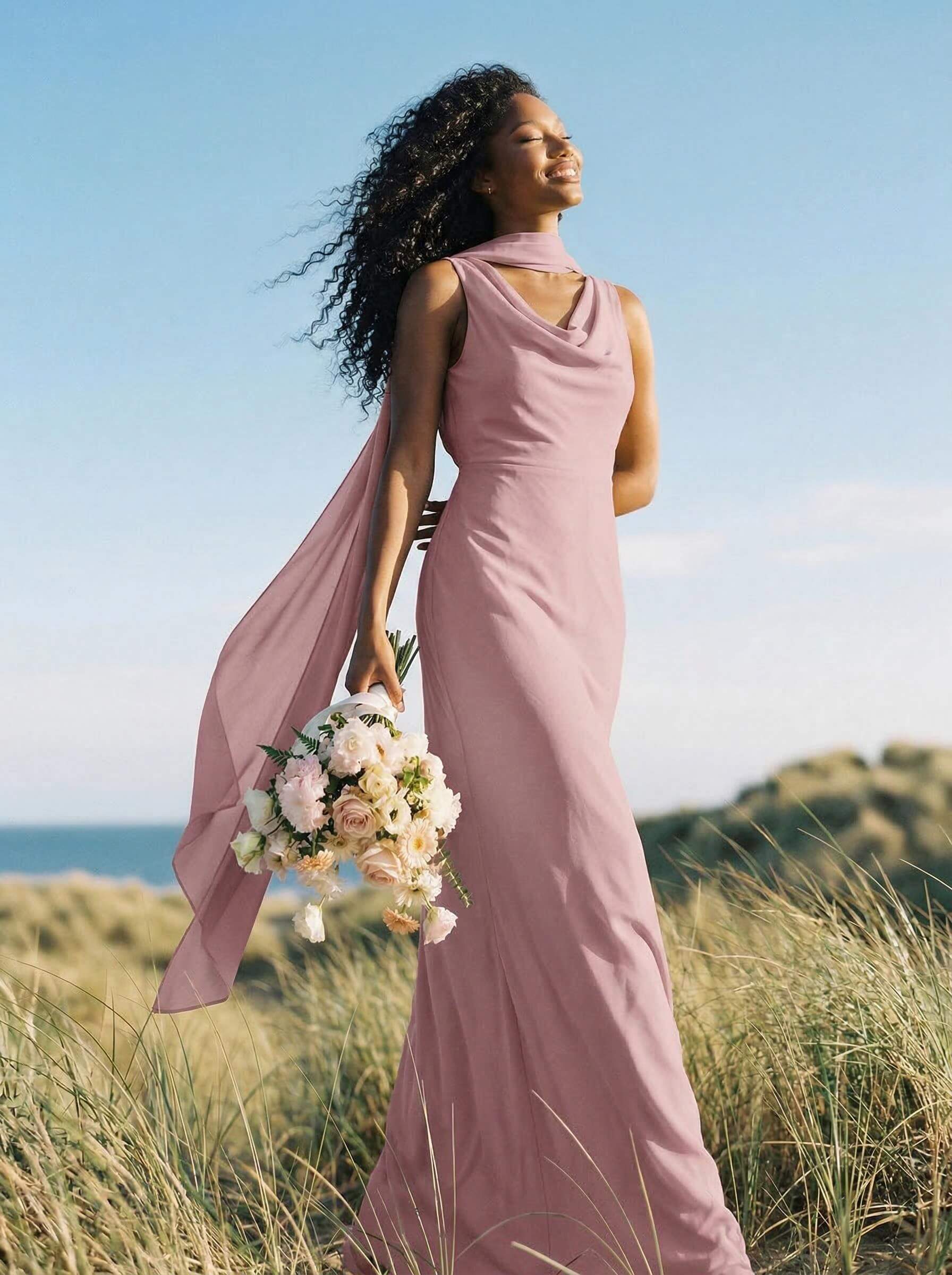 Elegant Sheath/Column Cowl Neck Sleeveless Floor-Length Chiffon Bridesmaid Dresses, product image 57