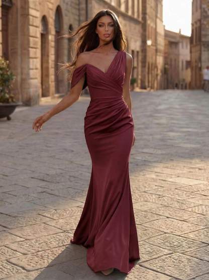 Trumpet/Mermaid Asymmetrical Sweep Train Crepe Satin Bridesmaid Dresses