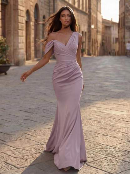 Trumpet/Mermaid Asymmetrical Sweep Train Crepe Satin Bridesmaid Dresses