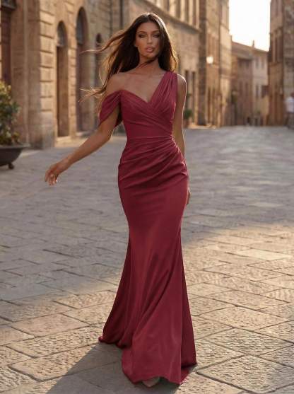 Trumpet/Mermaid Asymmetrical Sweep Train Crepe Satin Bridesmaid Dresses