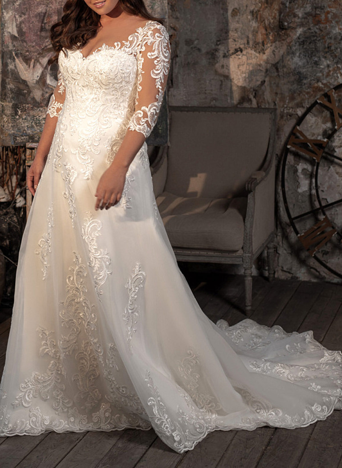 Plus Size V-Neck 3/4 Sleeves Sweep Train Lace Wedding Dresses in Ivory, US2
