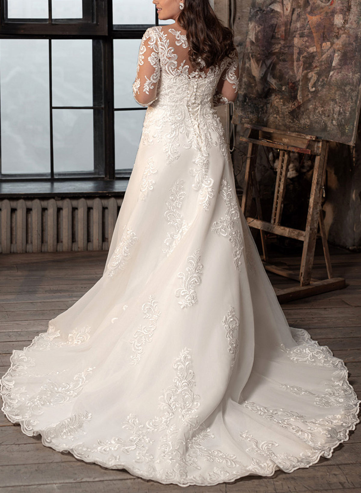 Plus Size V-Neck 3/4 Sleeves Sweep Train Lace Wedding Dresses, product image 2