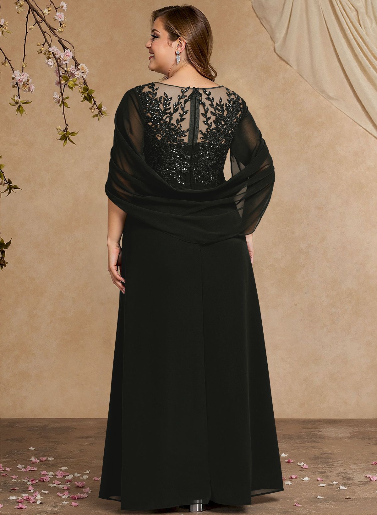A-Line Illusion Neck Cape Sleeves Floor-Length Chiffon Mother Of The Bride Dresses