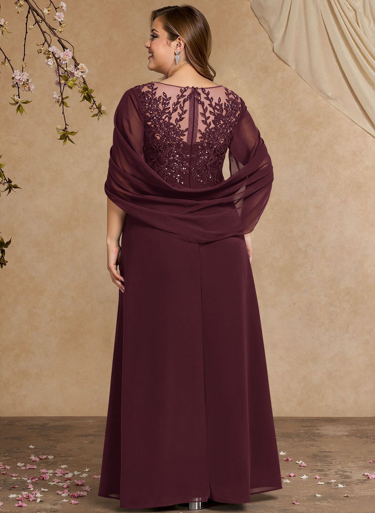 A-Line Illusion Neck Cape Sleeves Floor-Length Chiffon Mother Of The Bride Dresses