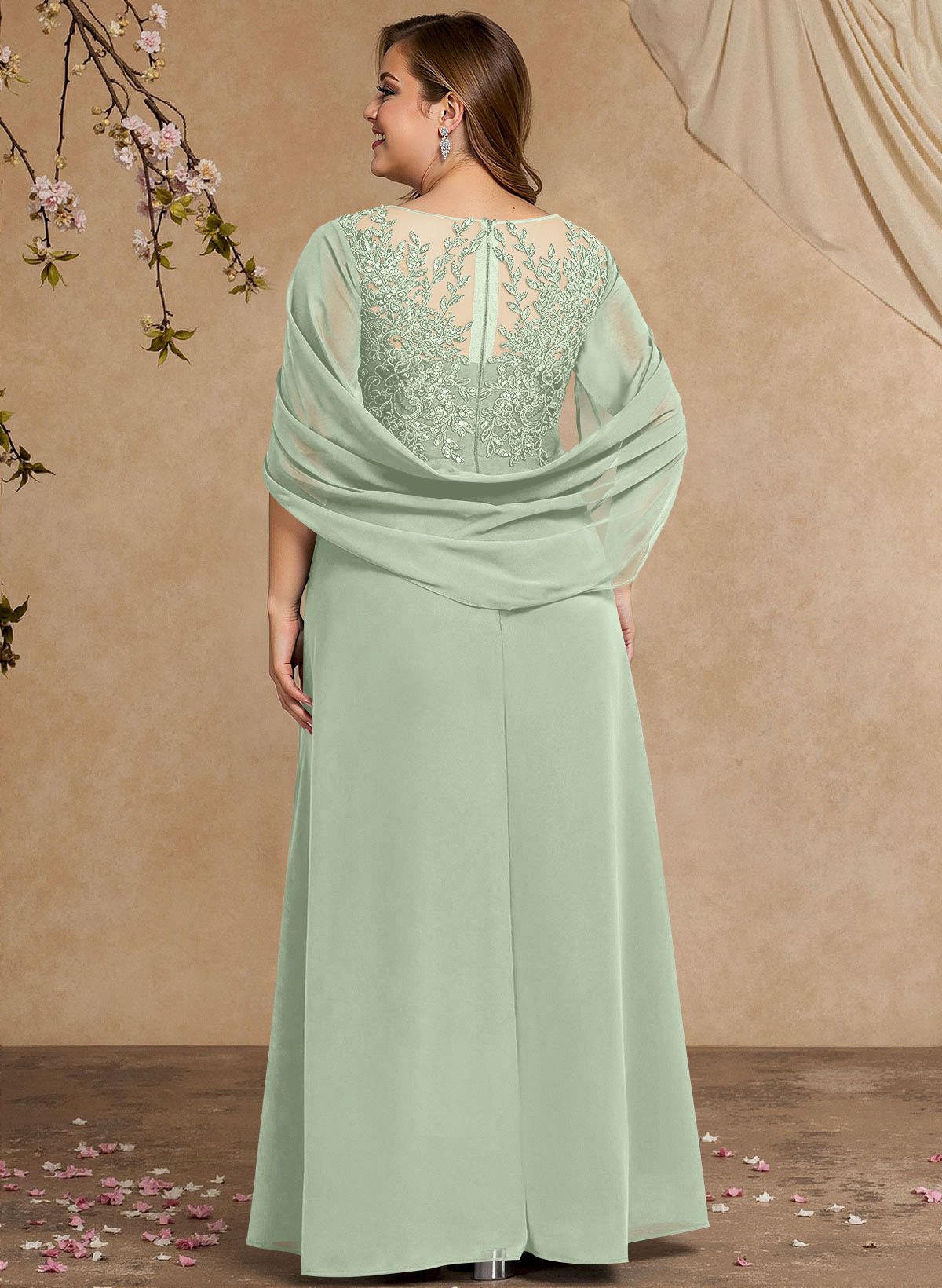 A-Line Illusion Neck Cape Sleeves Floor-Length Chiffon Mother Of The Bride Dresses