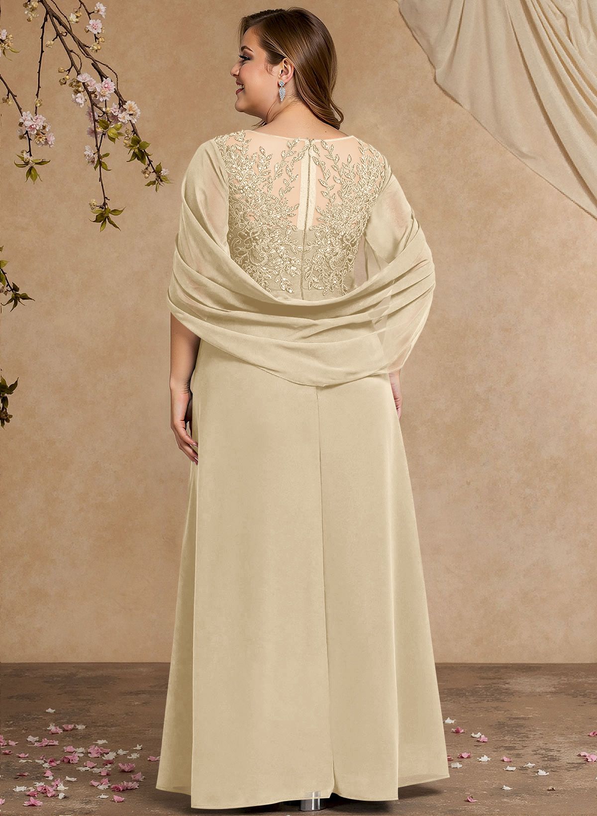 A-Line Illusion Neck Cape Sleeves Floor-Length Chiffon Mother Of The Bride Dresses