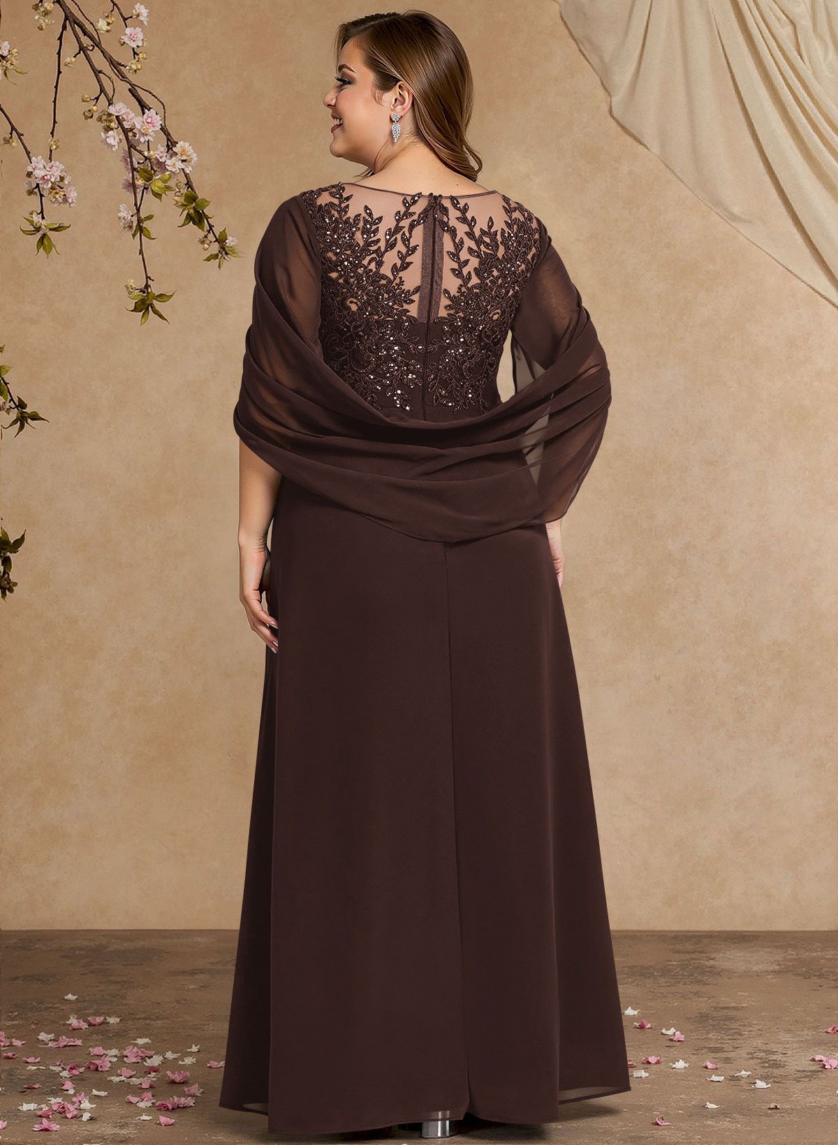 A-Line Illusion Neck Cape Sleeves Floor-Length Chiffon Mother Of The Bride Dresses